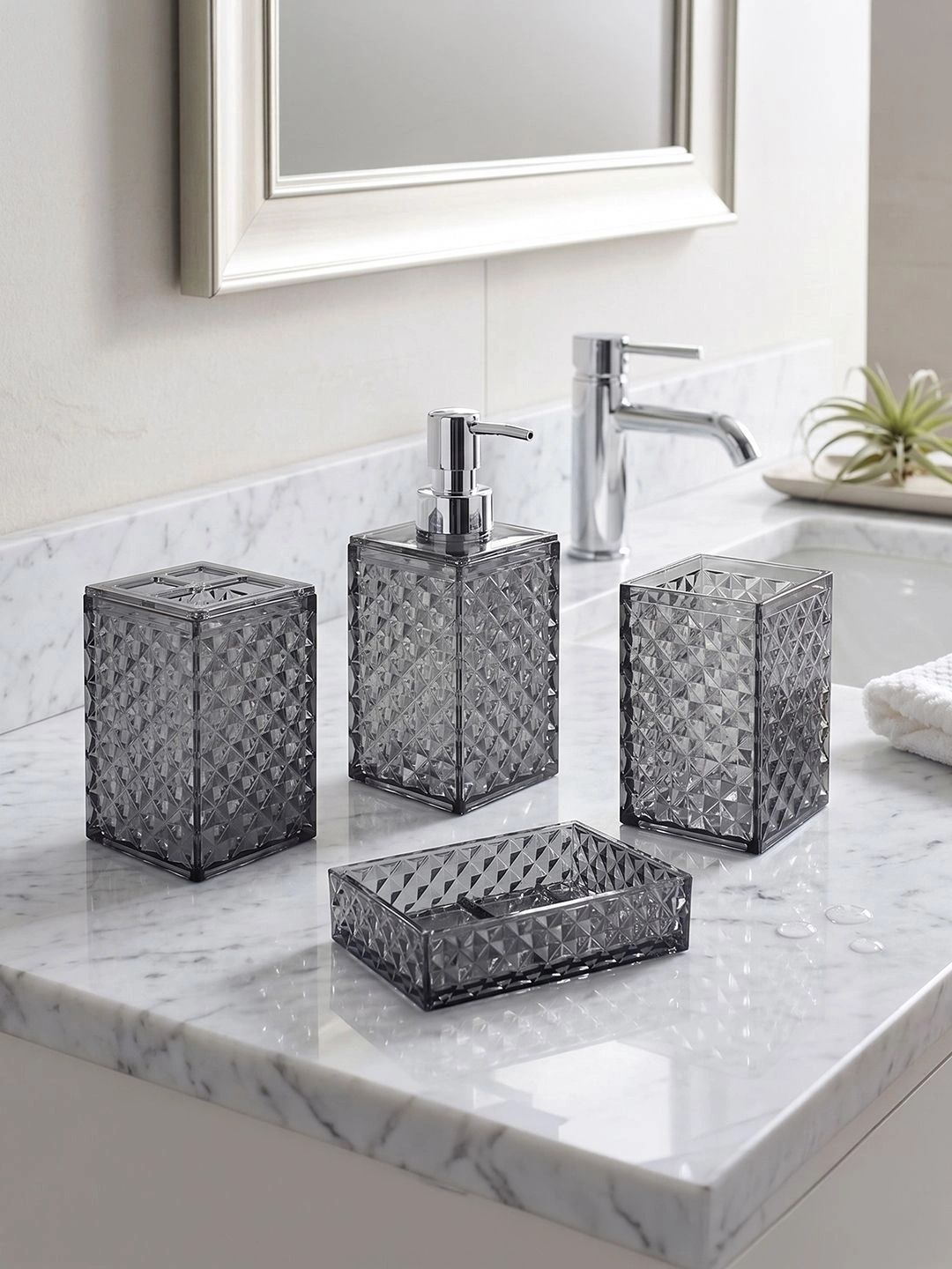 Story@home Grey 3 piece Textured Plastic Bath Accessories Set-image-21