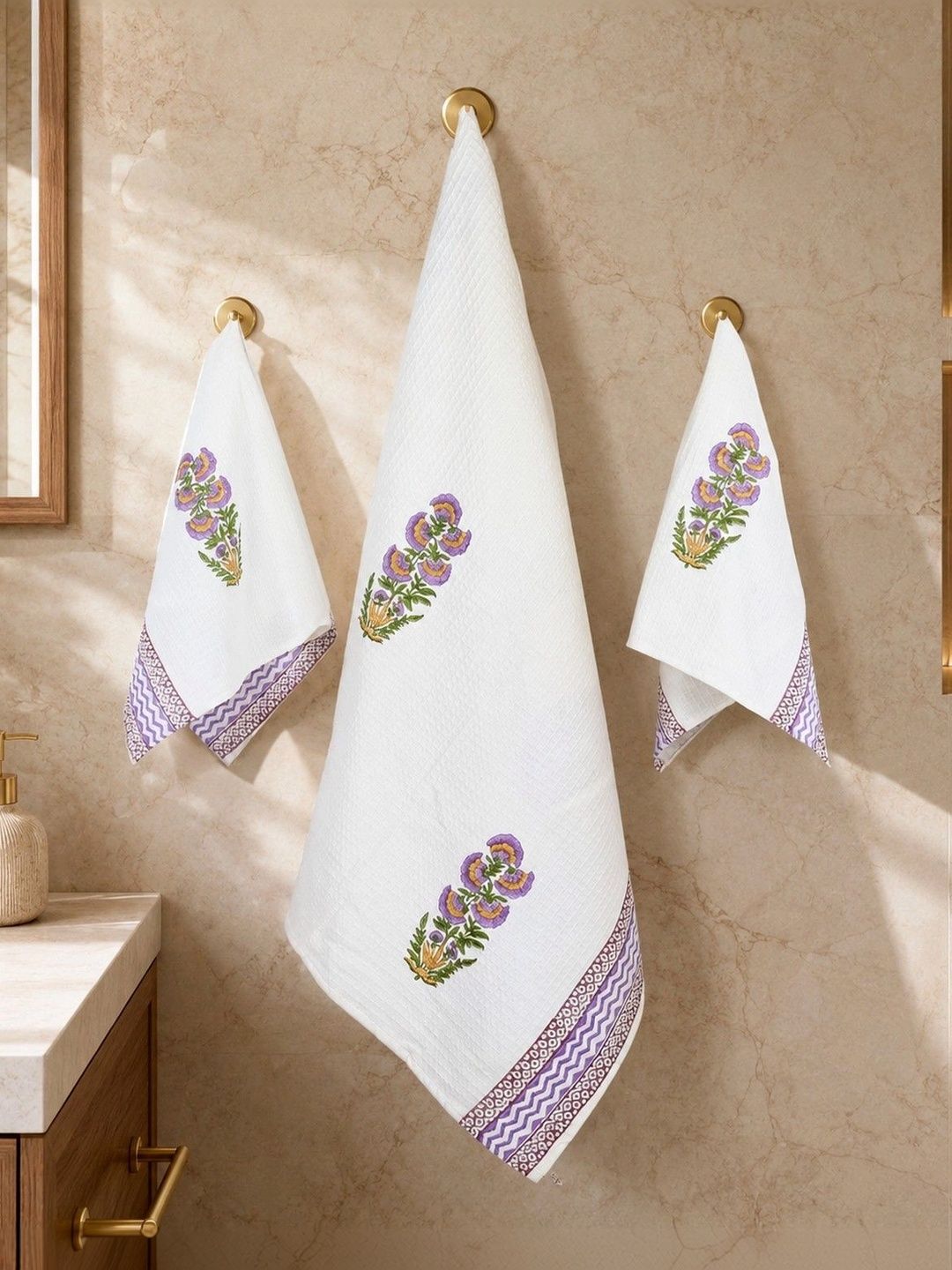 Natriel Purple & White Printed Cotton 3-Pcs Bath & Hand Towels-picture-36