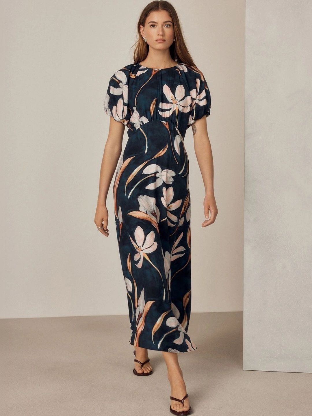 NEXT Floral Print Puff Sleeve Liva A-Line Midi Dress-picture-49
