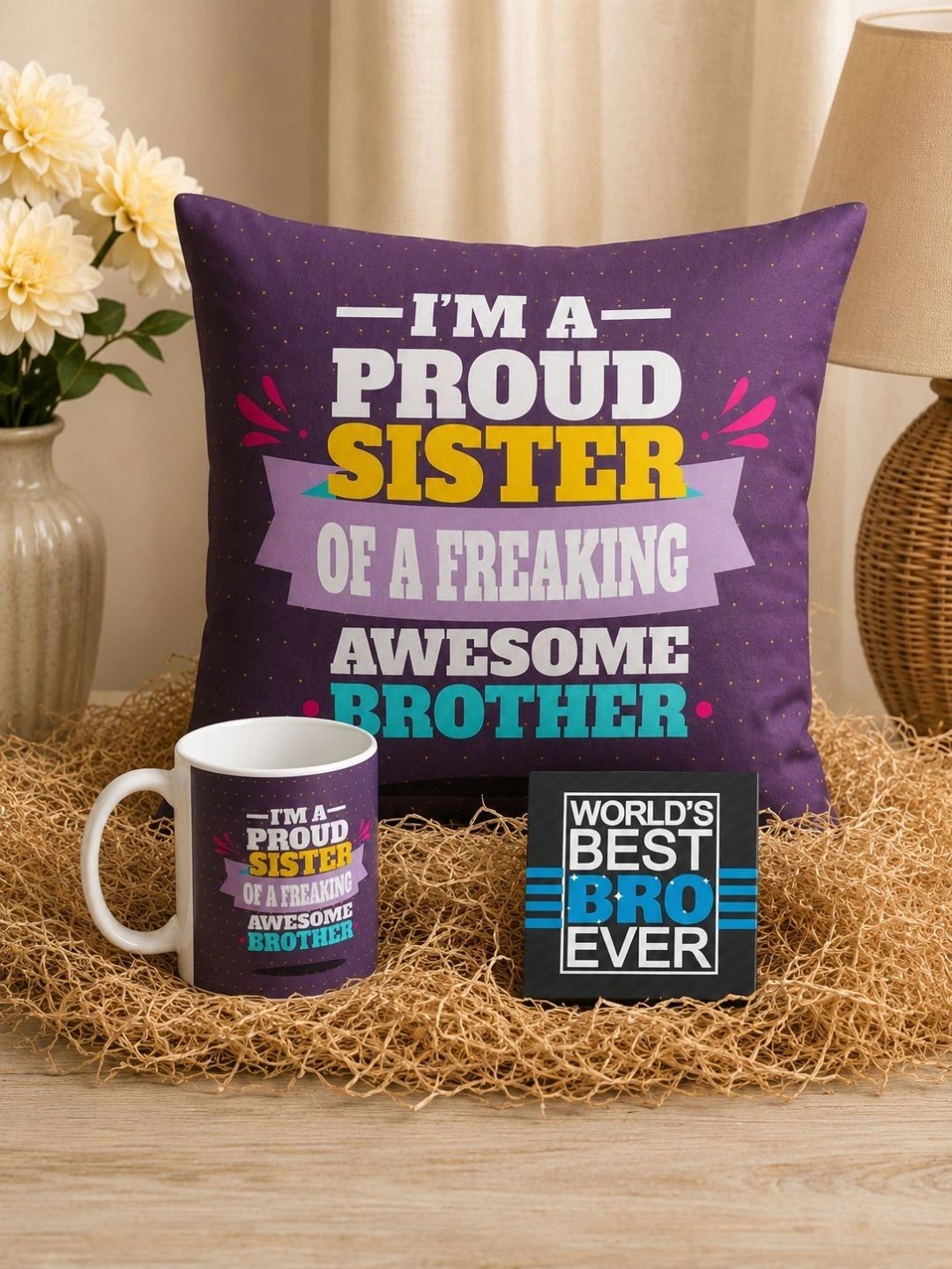 THEYAYACAFE 3Pcs Purple & White Mug Coaster & Cushion Cover Gift Set-picture-43