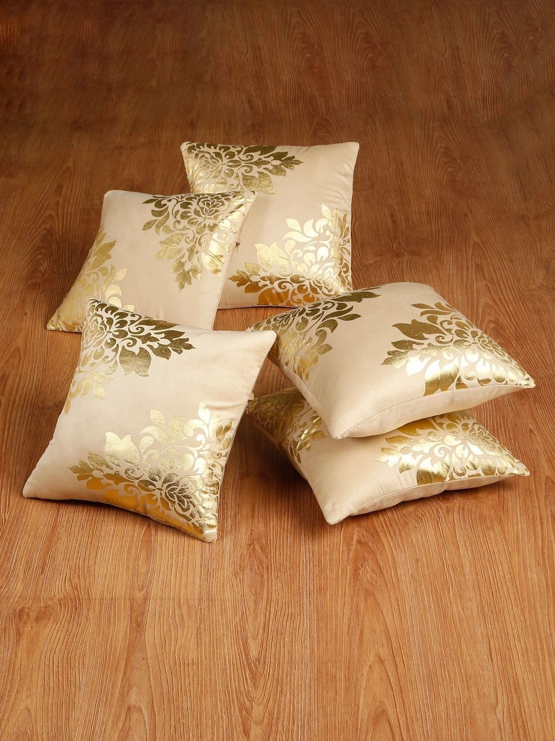 Myntra Elegant Homes Cream-Coloured Set of 5 Floral Velvet Square Cushion Covers-picture-11
