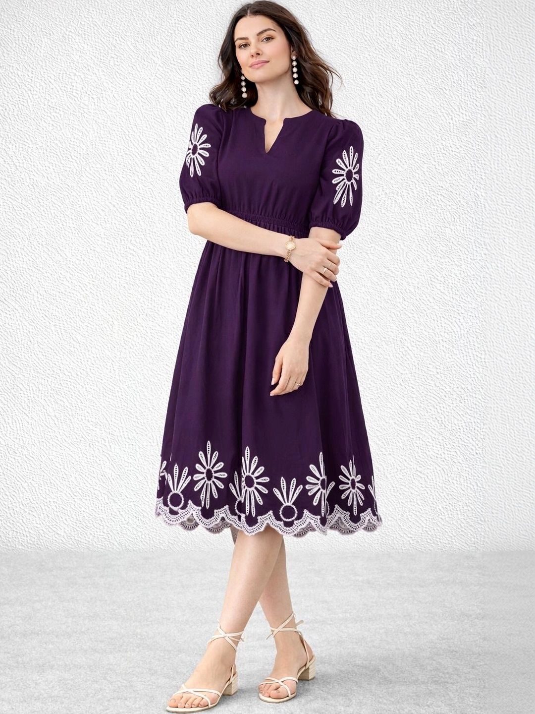 Attends Floral Embroidered Puff Sleeve A-Line Midi Dress-image-42