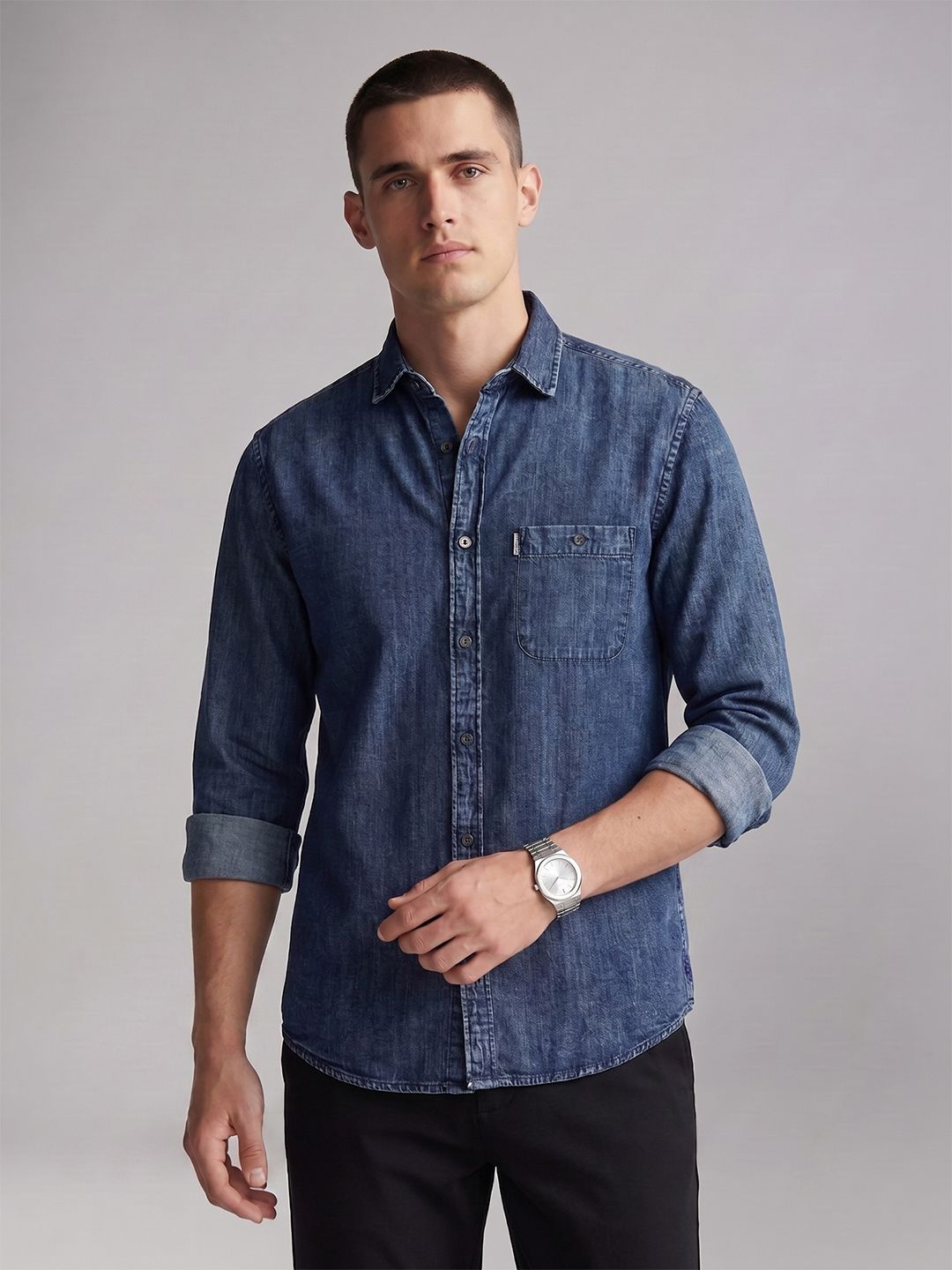 Louis Philippe Jeans Slim Fit Chambray Pure Cotton Casual Shirt-image-39