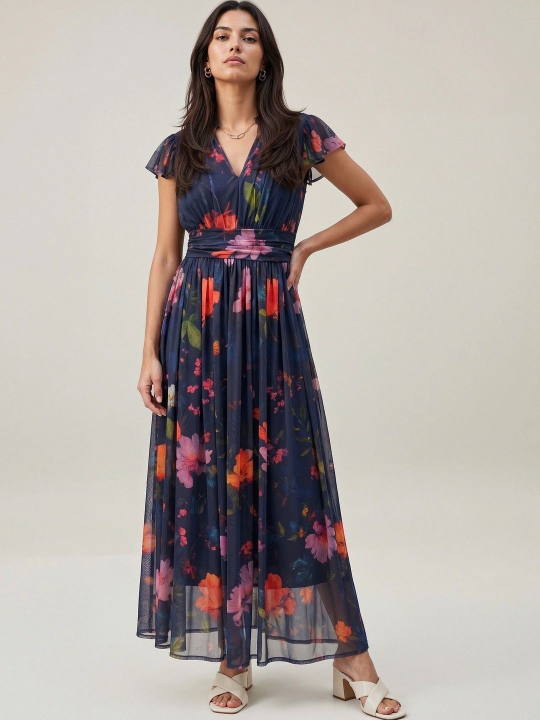 AASK Floral Print Flutter Sleeve Maxi Dress-picture-11