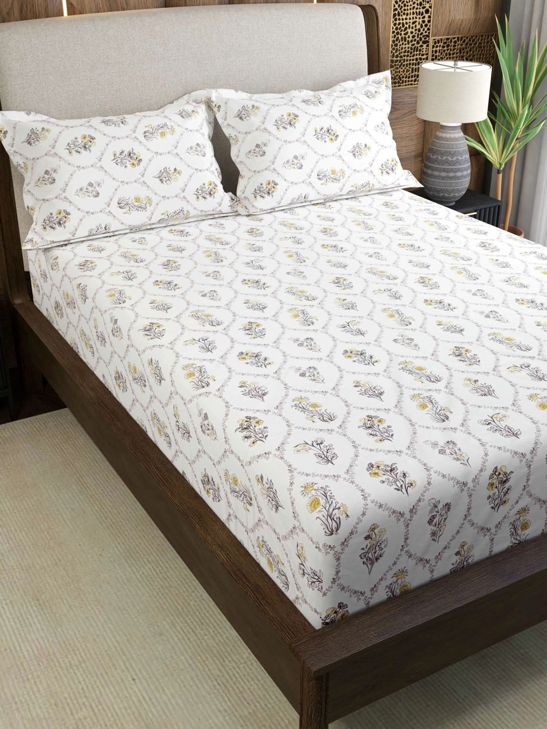 Pure Decor White & Yellow Floral 180 TC Bedsheet with 2 Pillow Covers-picture-48