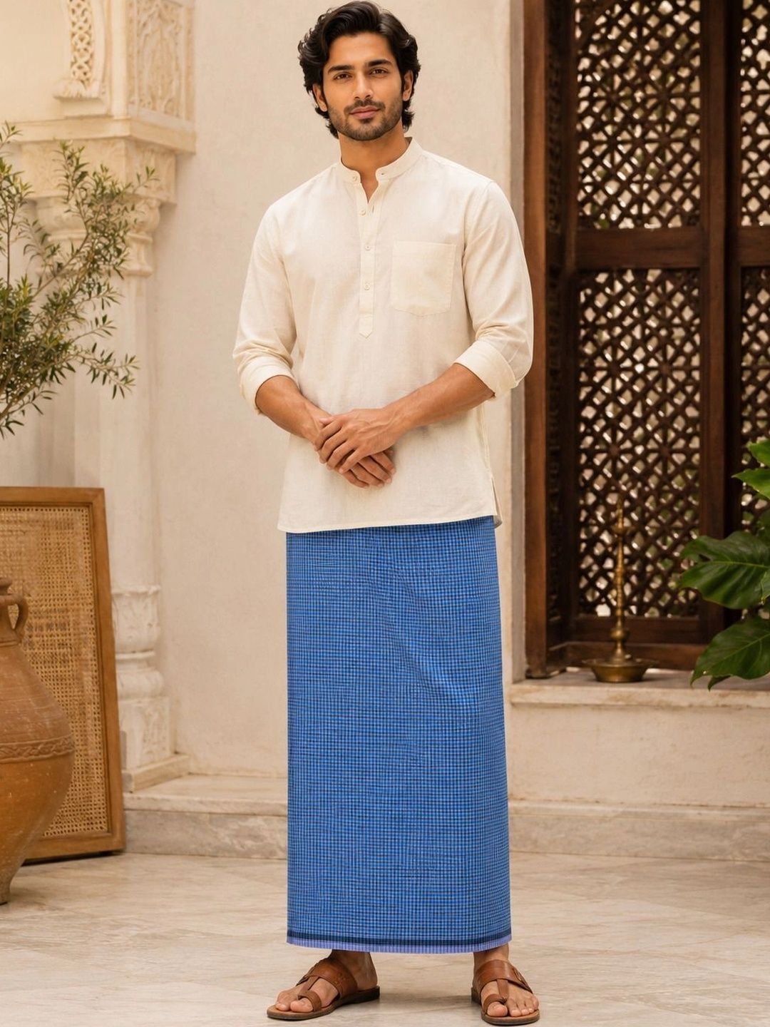 AKESHAVAM Men Checked Cotton Dhoti Dhotis-picture-35