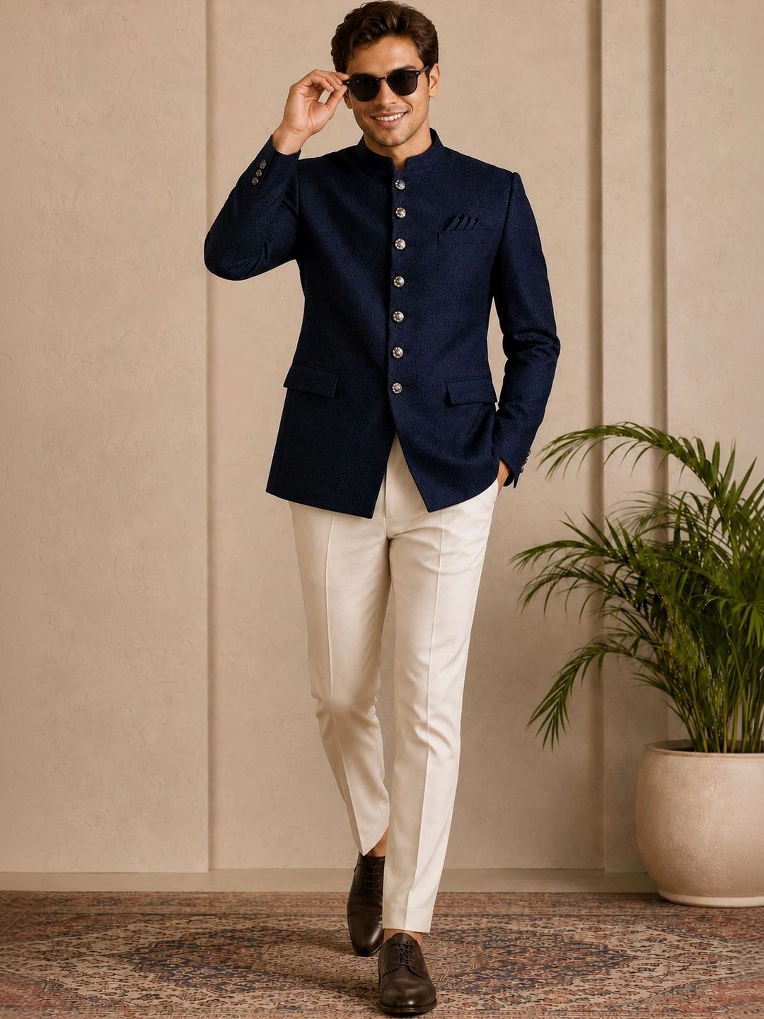 House of Pataudi Self Design Mandarin Collar Single-Breasted Ethnic Blazer-picture-14