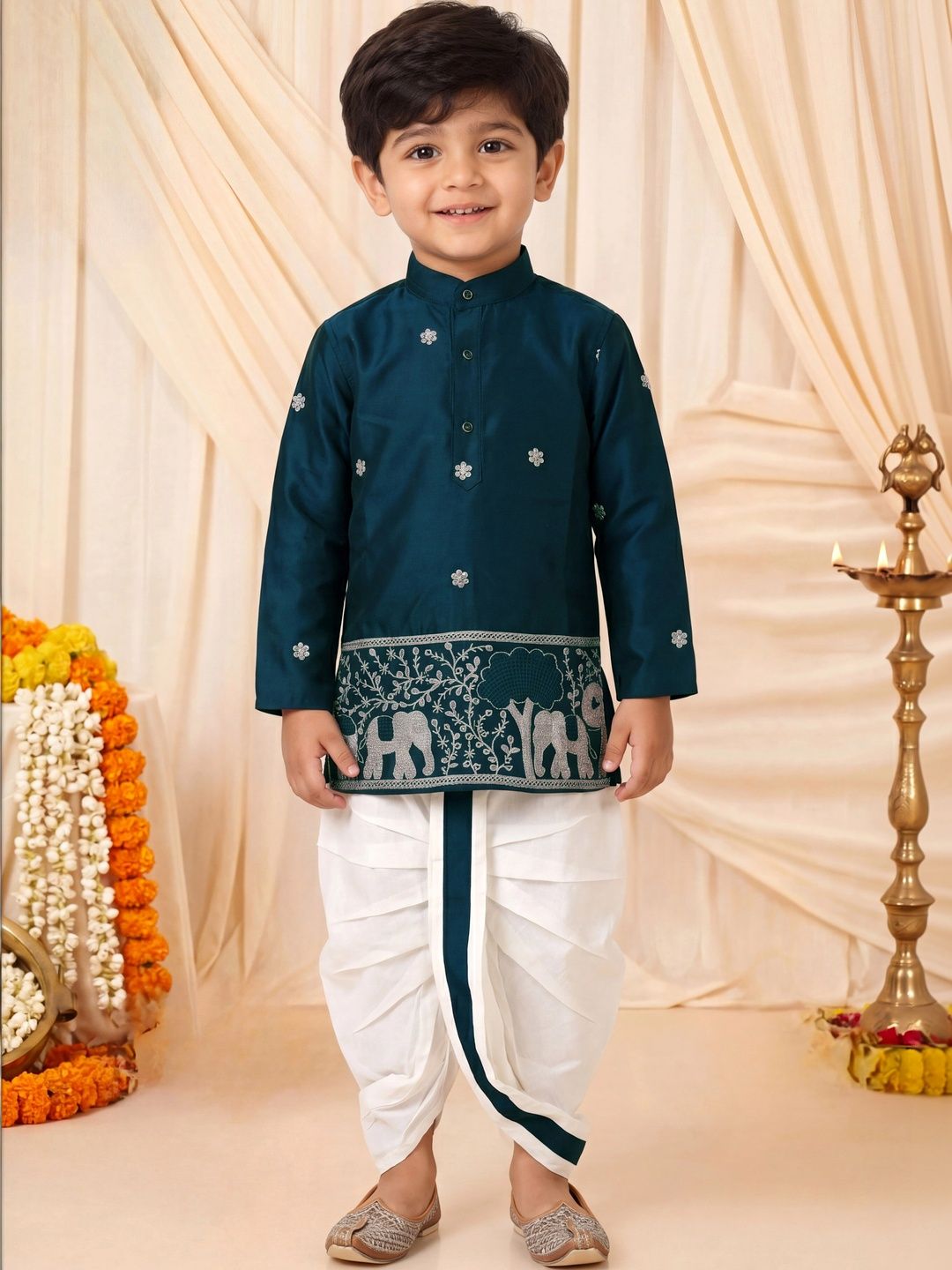 Sangria Boys Ethnic Motifs Embroidered Regular Thread Work Kurta with Dhoti Pants-picture-57