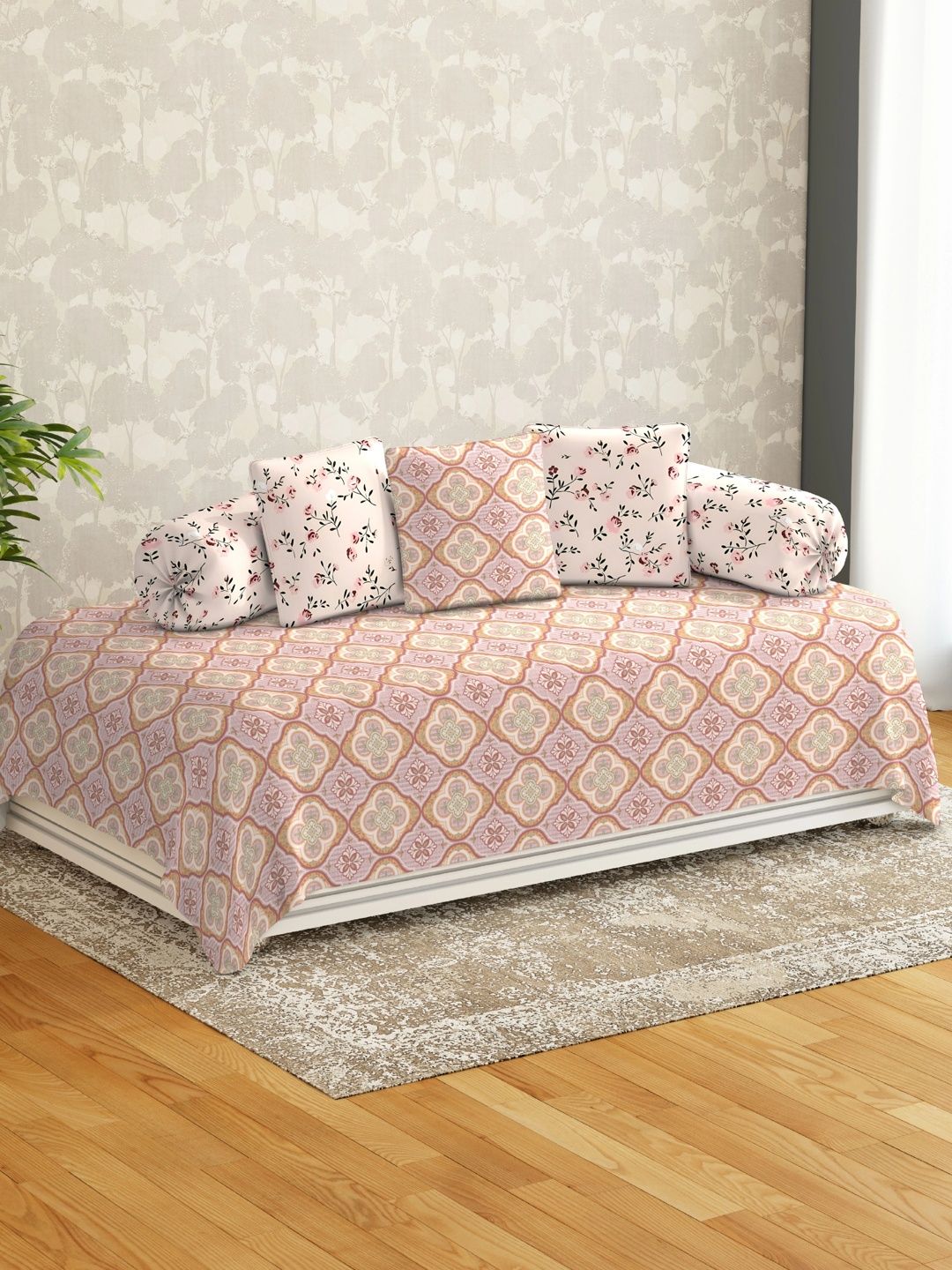 HIDECOR 6-Pcs Pink & Beige Printed Microfiber Bedsheet with Bolster & Cushion Covers-picture-15