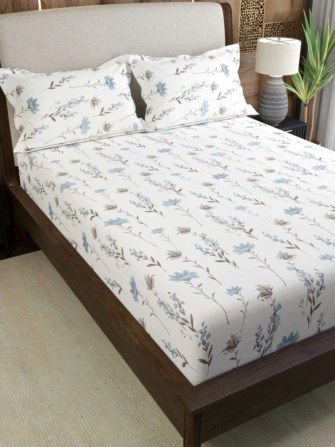 Pure Decor White & Blue Floral 180 TC Bedsheet with 2 Pillow Covers-picture-54