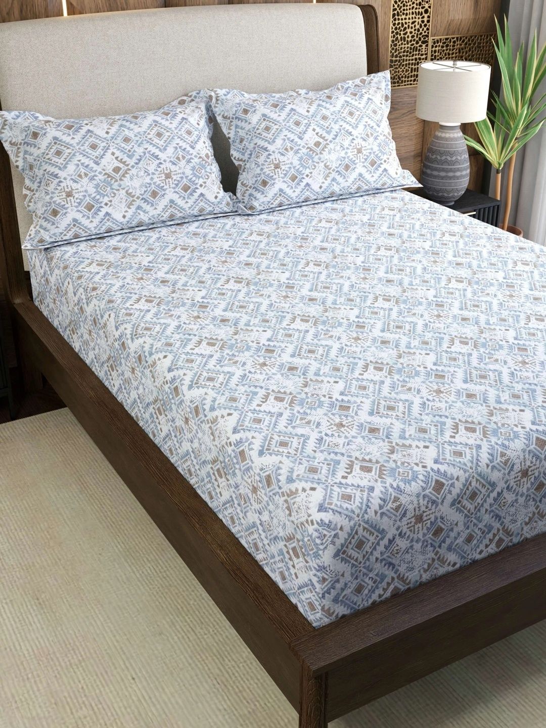 Pure Decor Blue Geometric 180 TC King Bedsheet with 2 Pillow Covers-image-46
