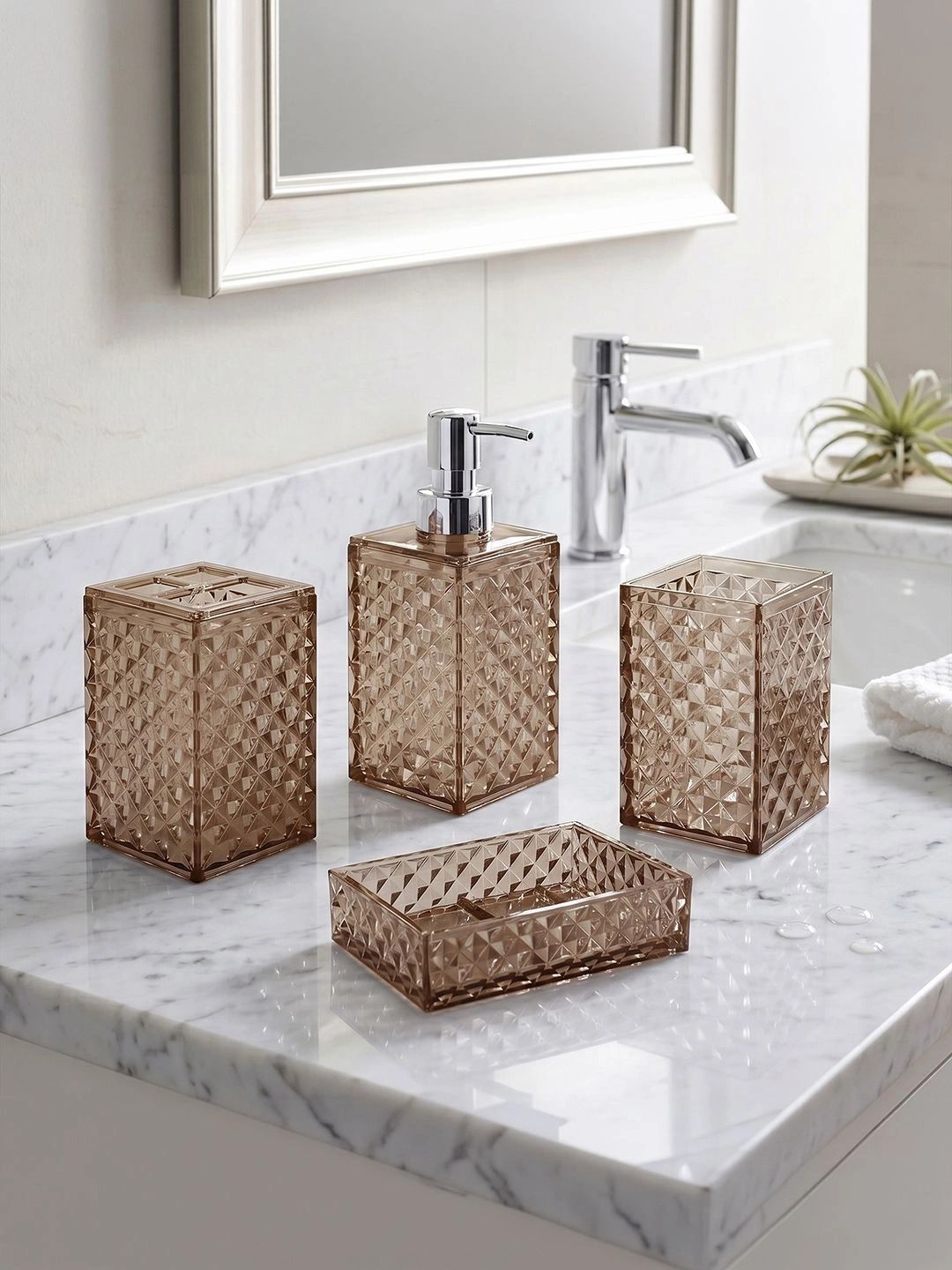 Story@home Beige 3 piece Geometric Plastic Bath Accessories Set-image-22