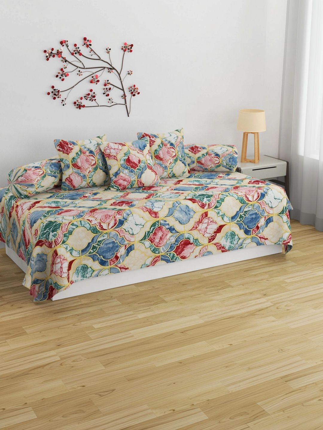 HIDECOR 6-Pcs Beige & Red Printed Microfiber Bedsheet with Bolster & Cushion Covers-picture-23