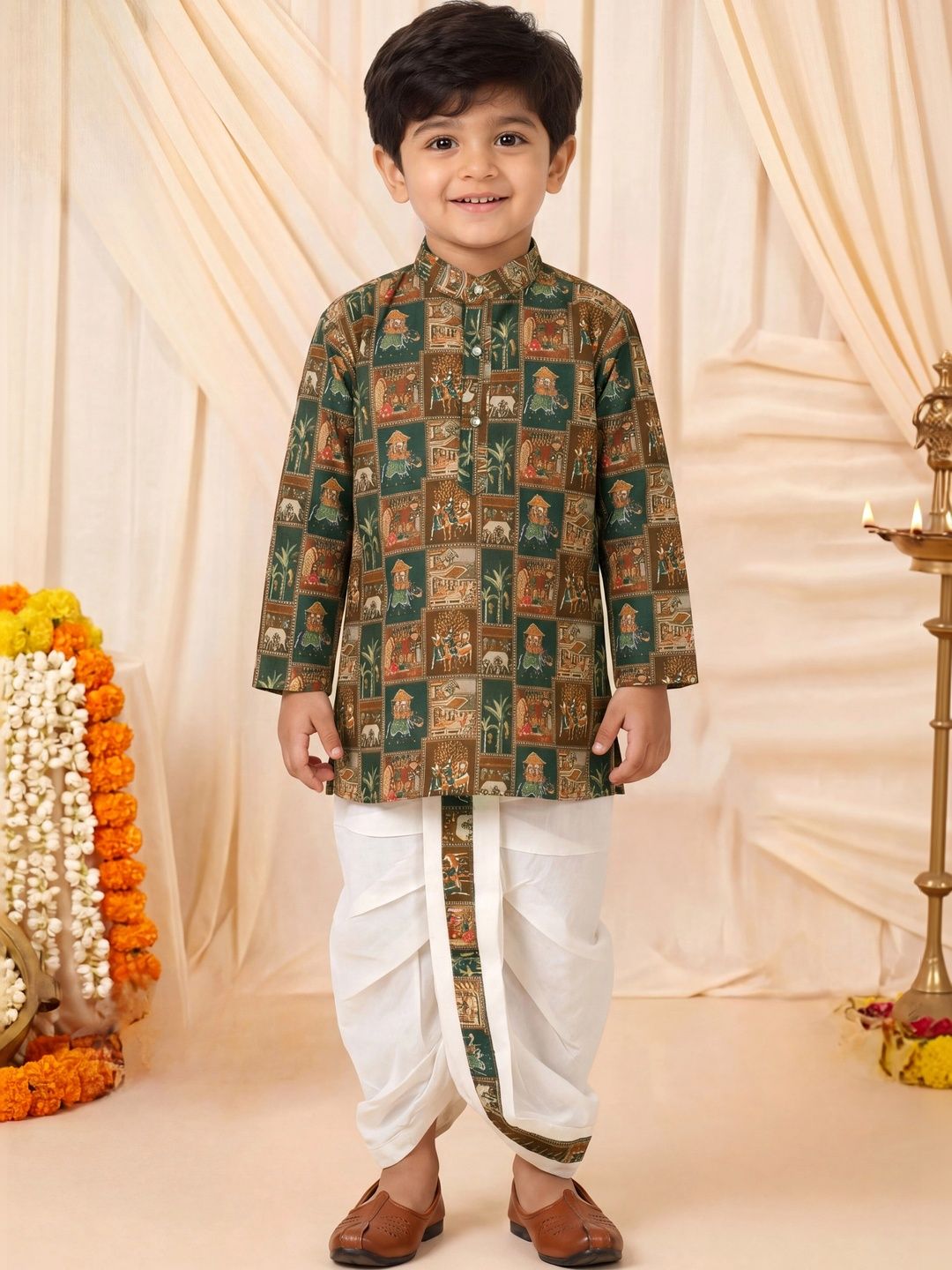 Sangria Boys Ethnic Motifs Printed Regular Pure Cotton Kurta with Dhoti Pants-picture-49