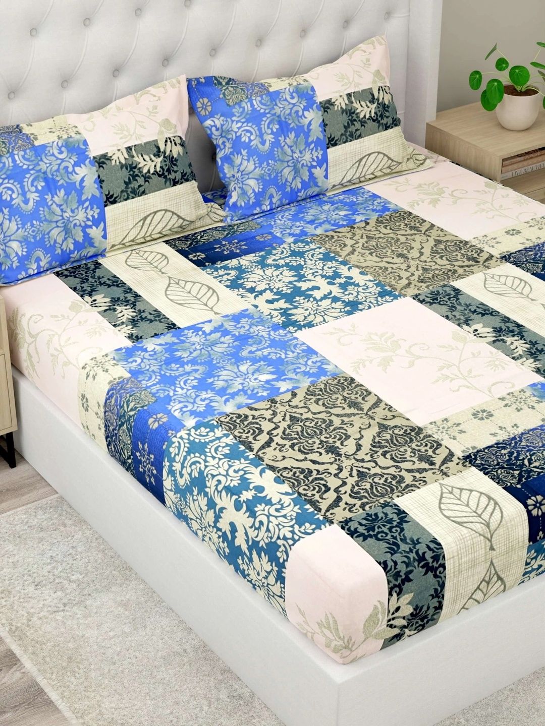 Pure Decor Blue & Cream-Coloured Floral 180 TC Bedsheet with 2 Pillow Covers-image-40