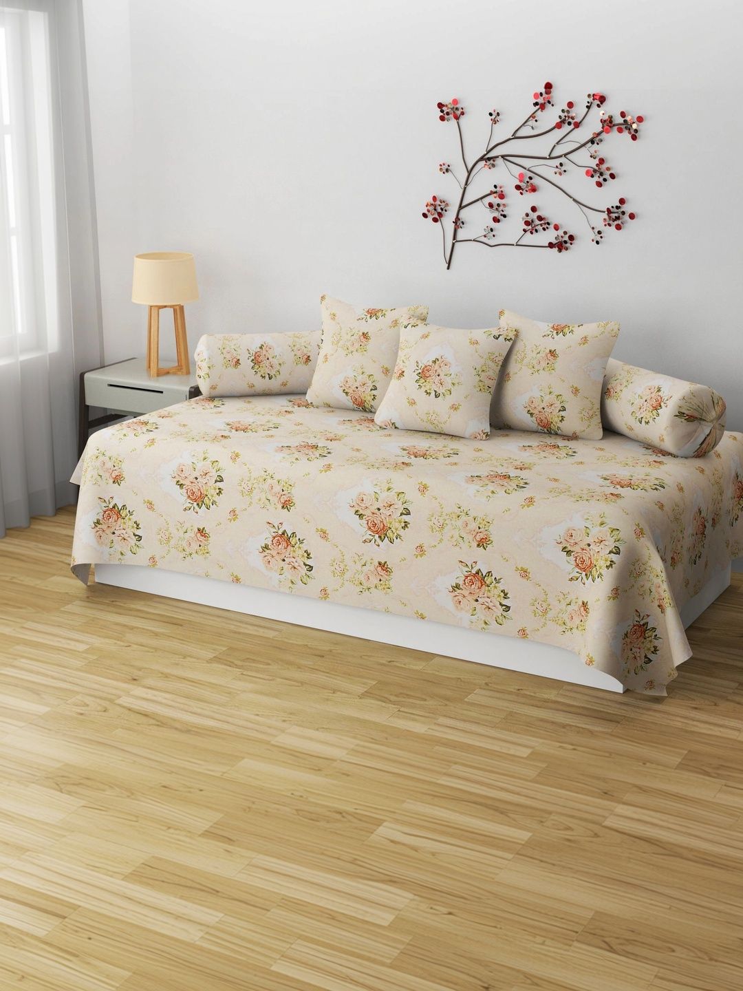 HIDECOR 6-Pcs Peach Coloured Printed Microfiber Bedsheet with Bolster & Cushion Covers-picture-48