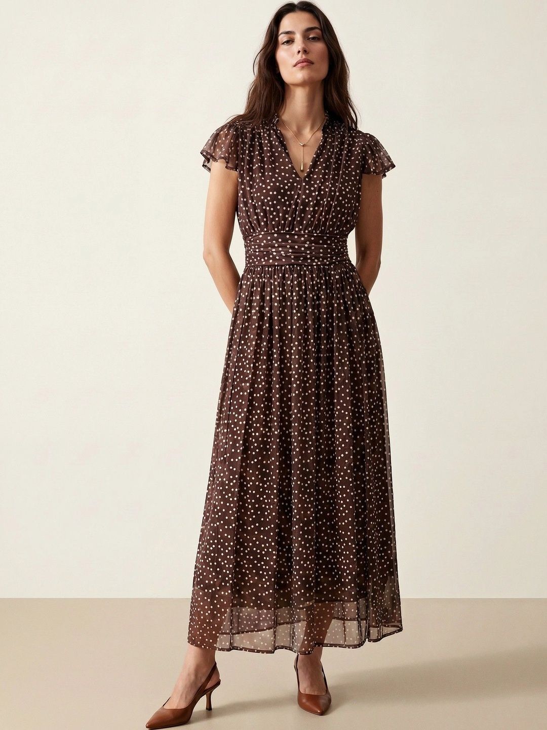 AASK Polka Dot Print Flutter Sleeve A-Line Maxi Dress-image-6