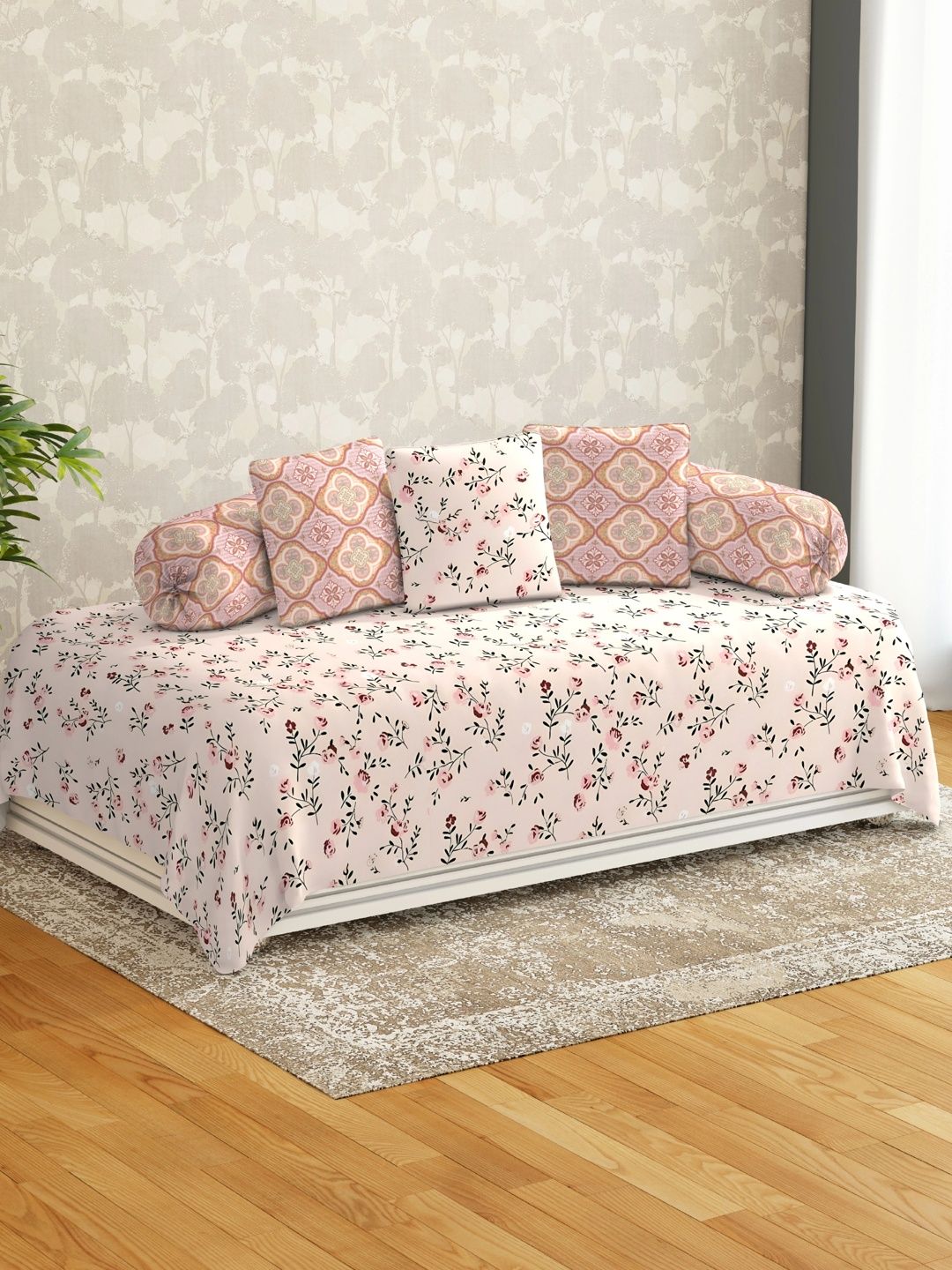 HIDECOR 6-Pcs Pink & Green Printed Microfiber Bedsheet with Bolster & Cushion Covers-picture-36