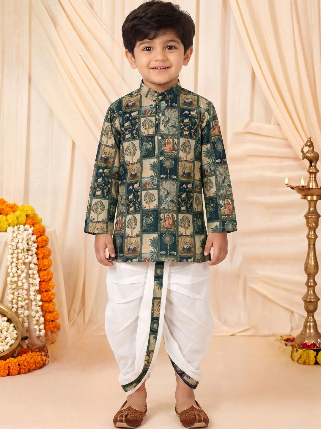 Sangria Boys Ethnic Motifs Printed Regular Pure Cotton Kurta with Dhoti Pants-image-48