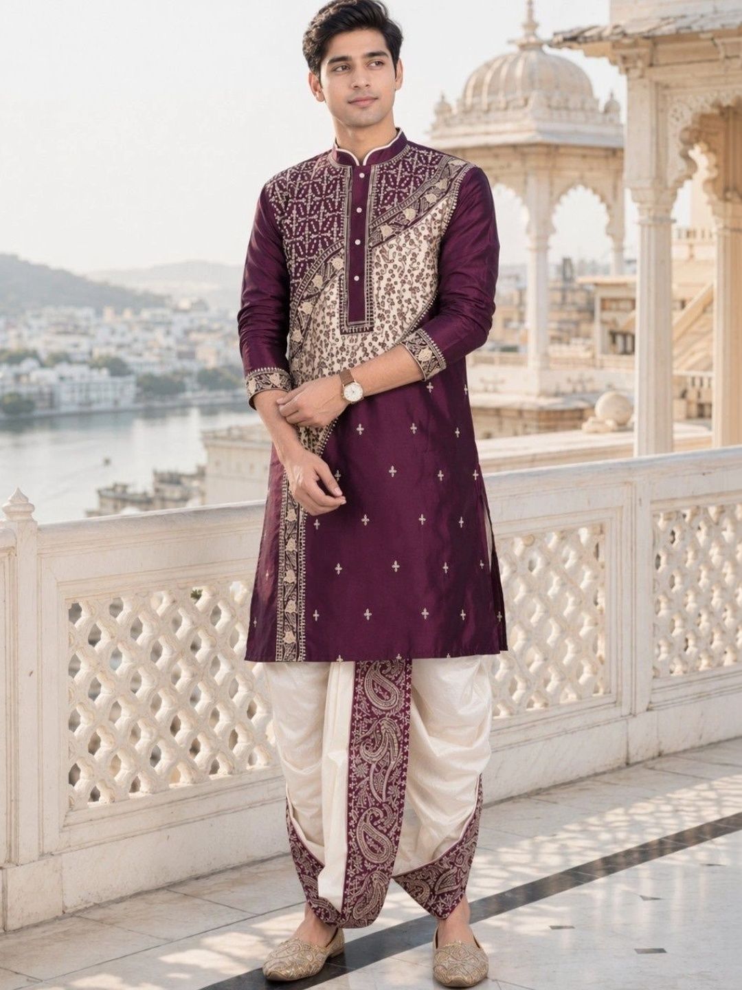 GOURI COLLECTIONS Men Embroidered Jaffran Silk Kurta with Dupion Silk Dhoti Set-picture-37