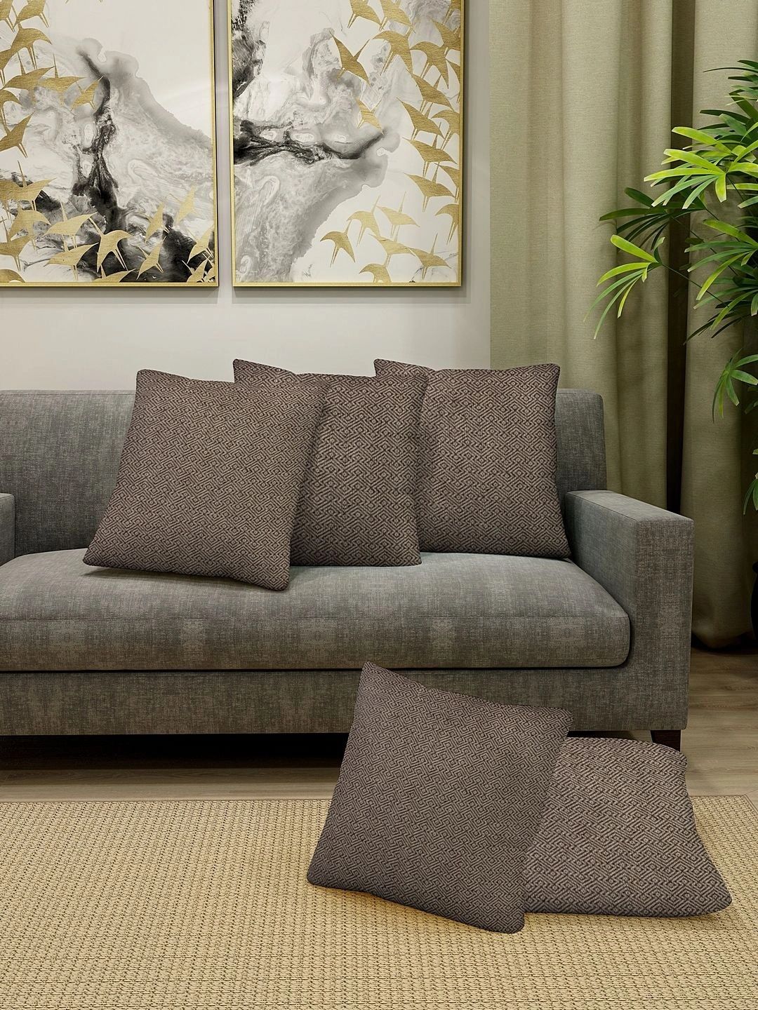 Myntra Elegant Homes Brown Set of 5 Geometric Square Cushion Covers-image-37