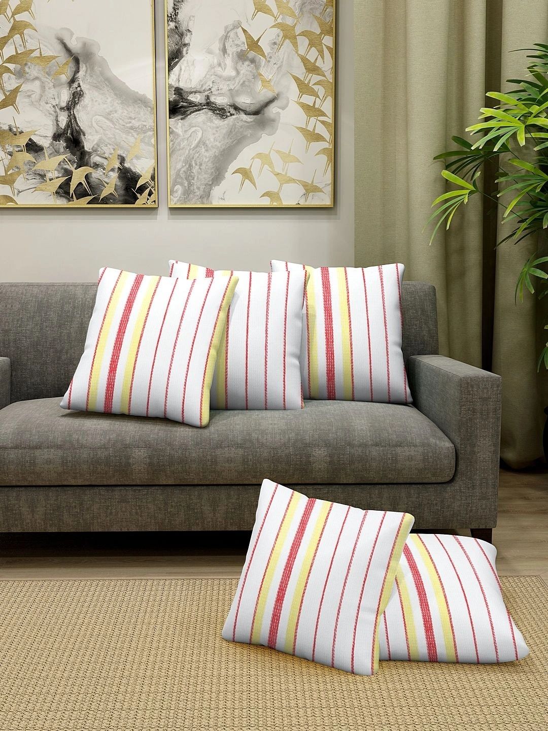 Myntra Elegant Homes White Set of 5 Striped Square Cushion Covers-picture-11