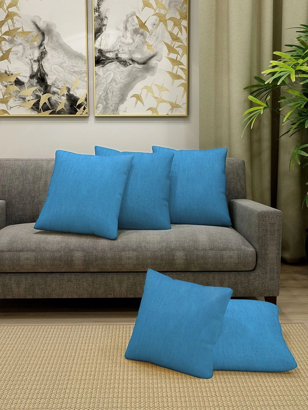 Myntra Elegant Homes Turquoise Blue Set of 5 Square Cushion Covers-picture-33