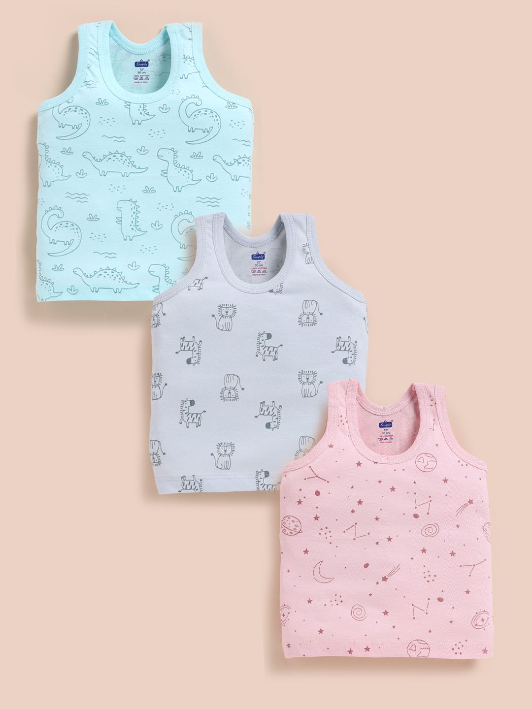 Simply Boys Pack of 3 Printed Pure Cotton Basic Vests-picture-52