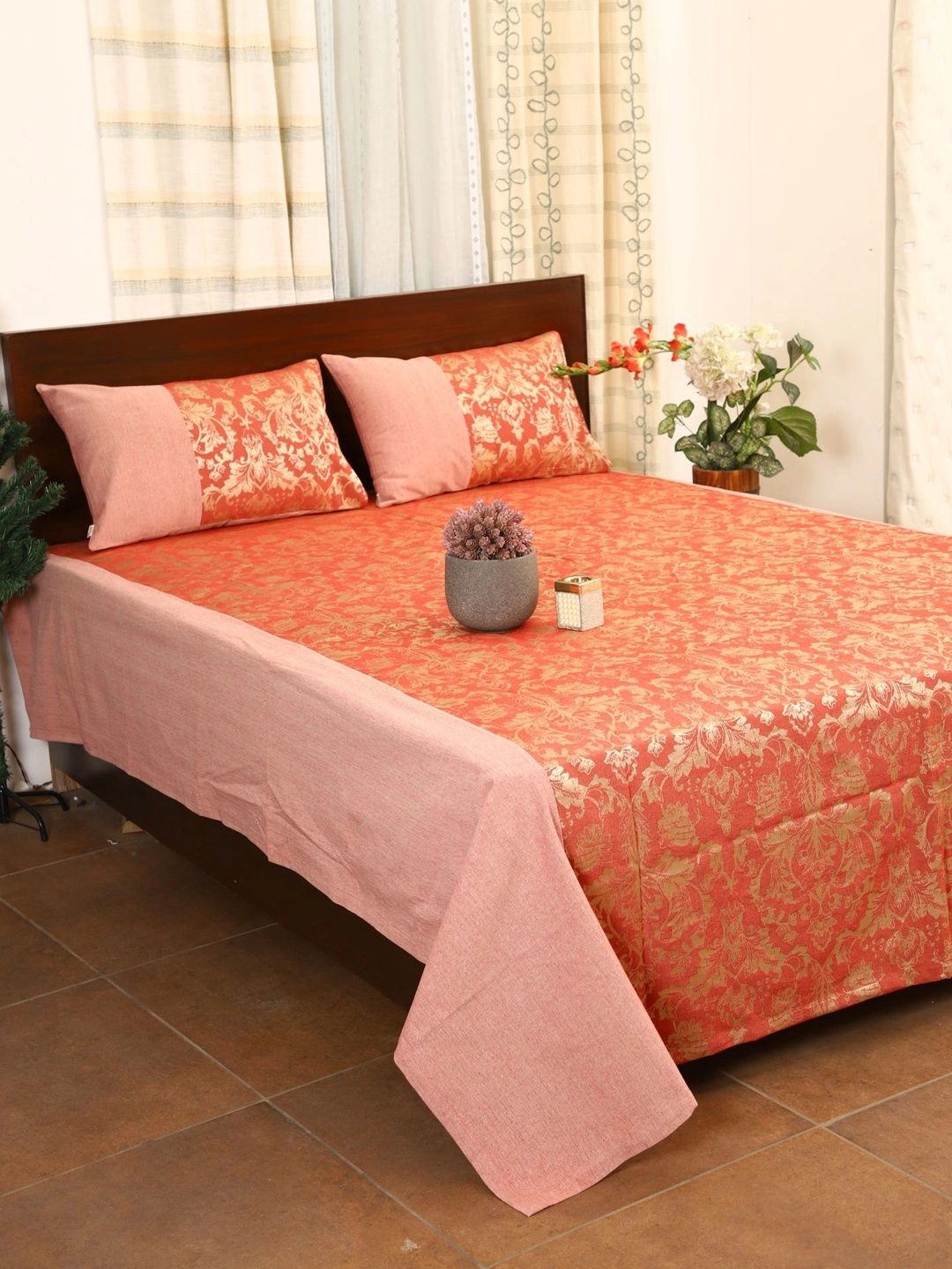 Home Red & Pink Self Designed Double Bed - King Size Bed Covers With 2 Pillow Covers-image-4