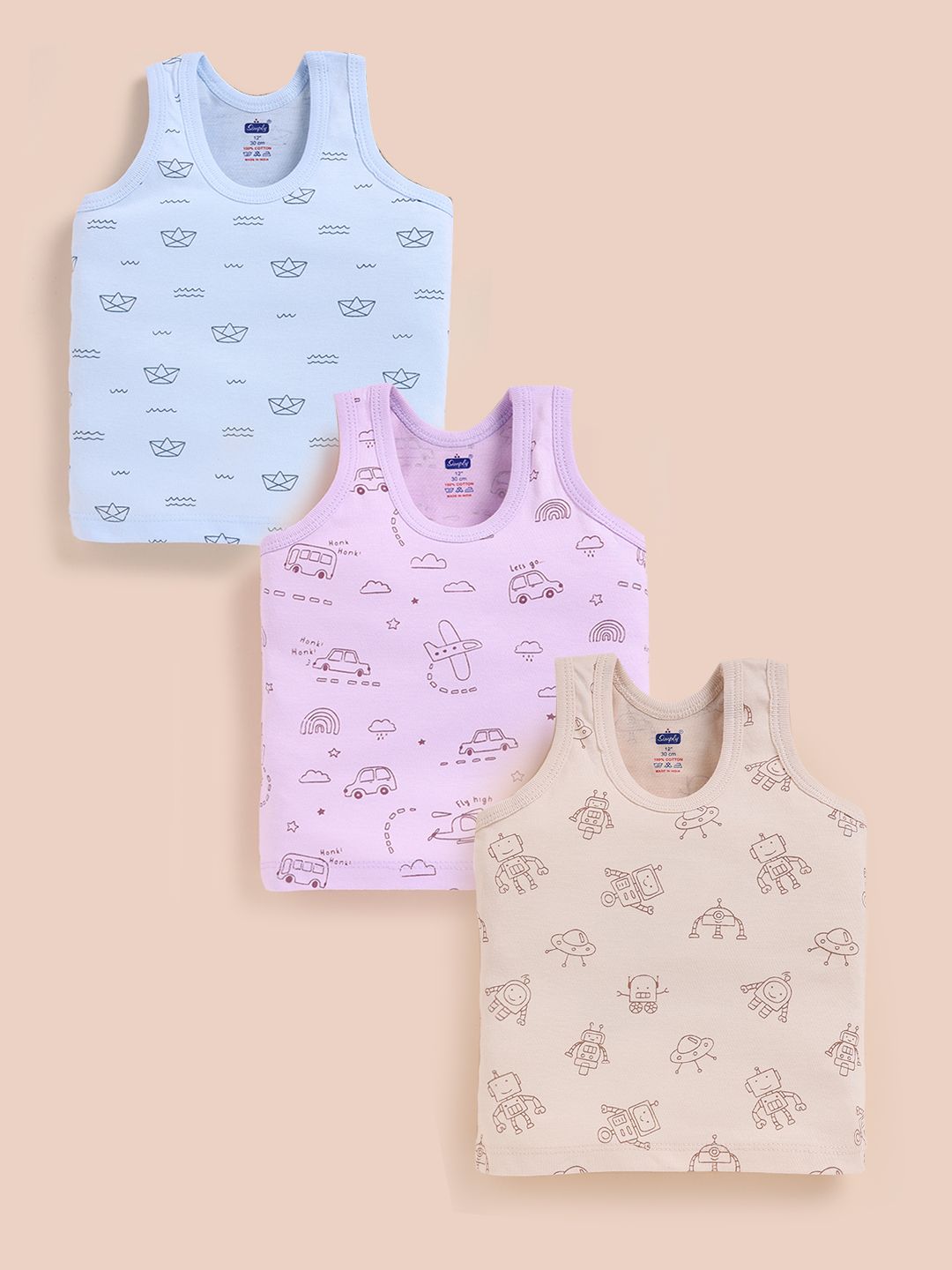 Simply Infant Boys Pack of 3 Printed Pure Cotton Tank-picture-53