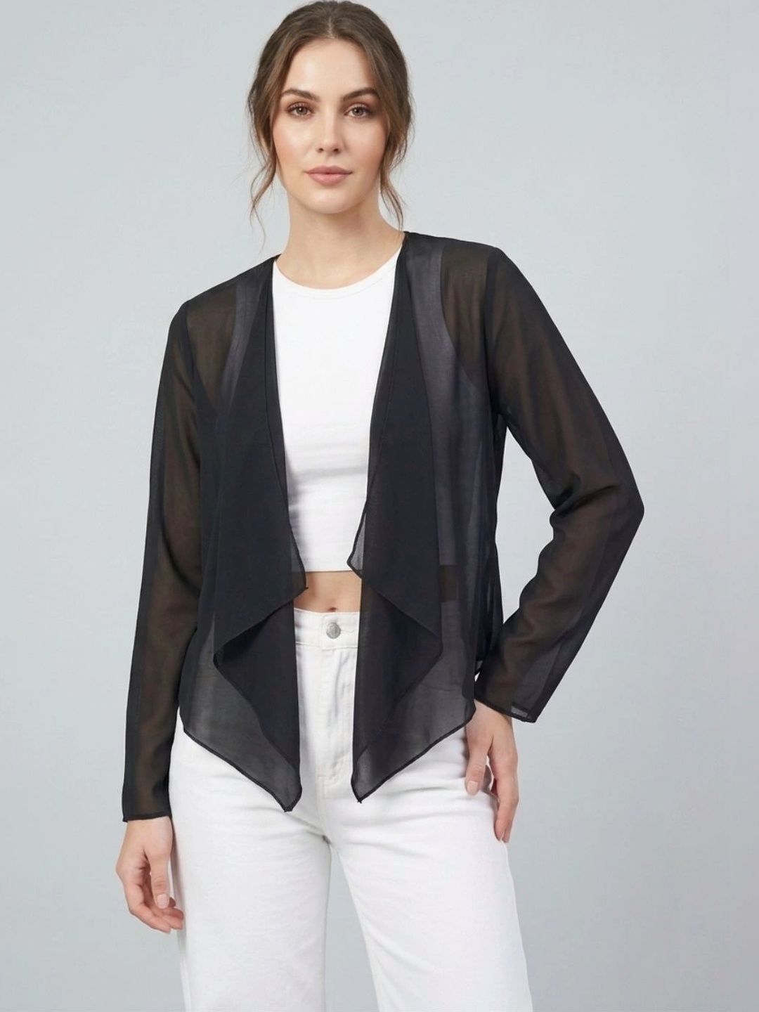 ANVI Be Yourself Solid Black Lycra Net Long Sleeve Open Front Regular Shrug-image-4