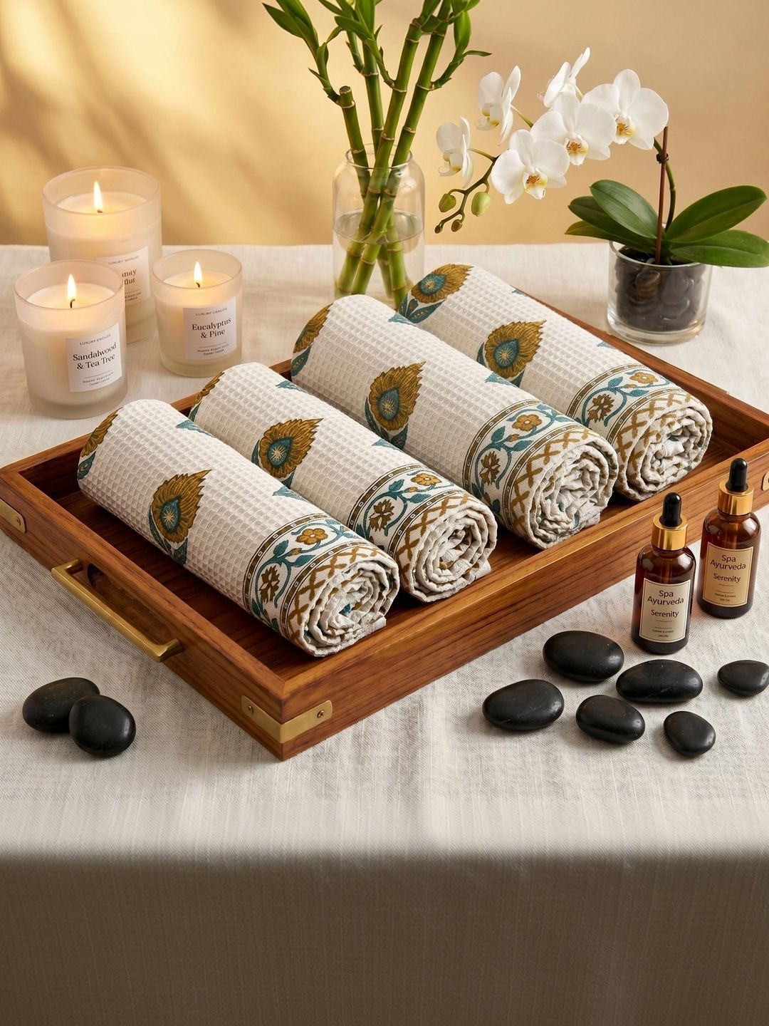 MAFATLAL 4Pcs White & Blue Ethnic Printed Pure Cotton 250-GSM Skin Friendly Hand Towels-image-26