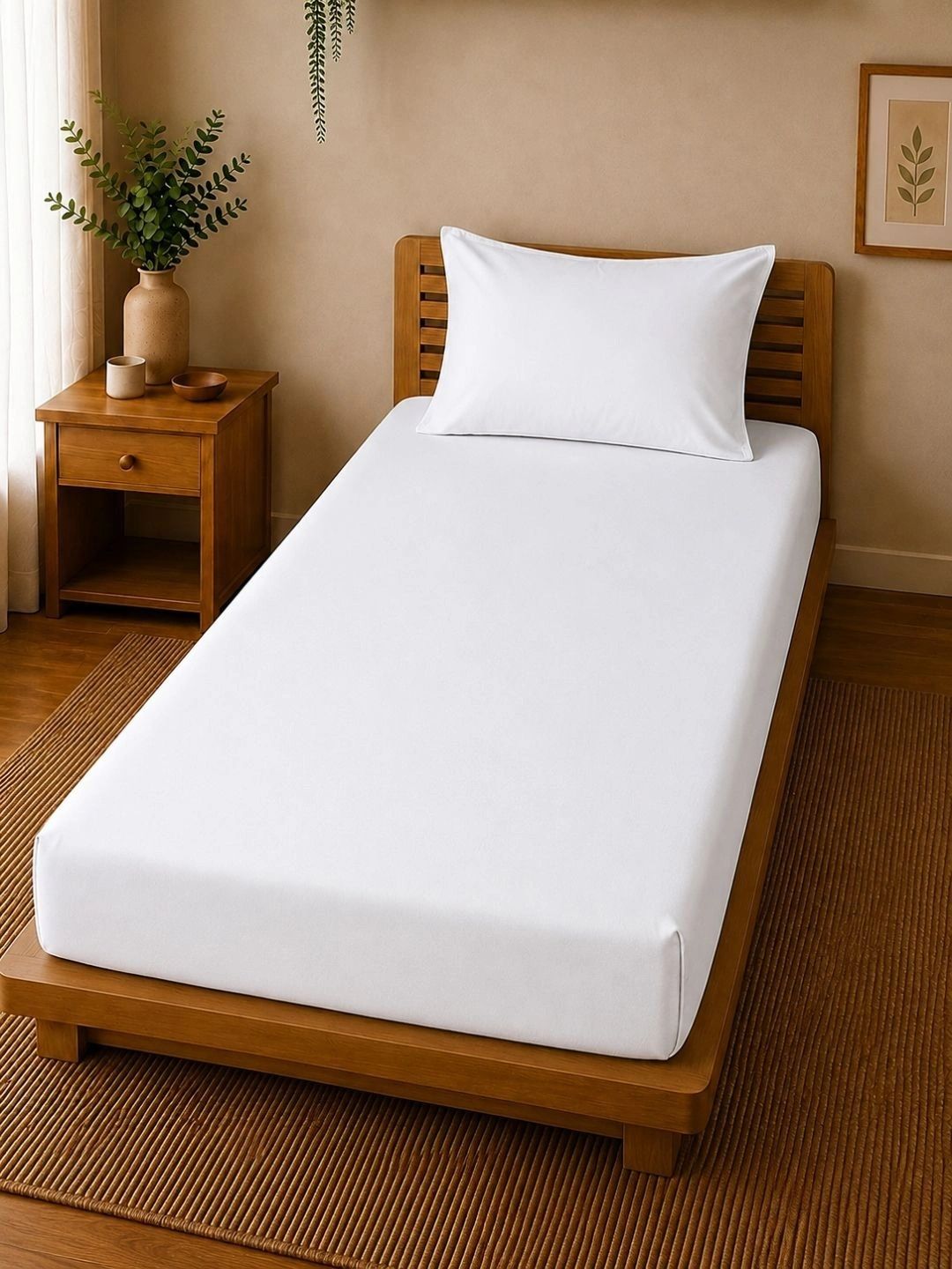 Linen Home White 200 TC Single Size Fitted Sheet Set with 1 Pillow Cover-image-47