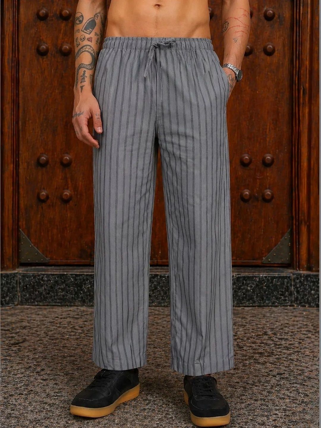 NEQA Men Striped Relaxed Easy Wash Trousers-picture-56