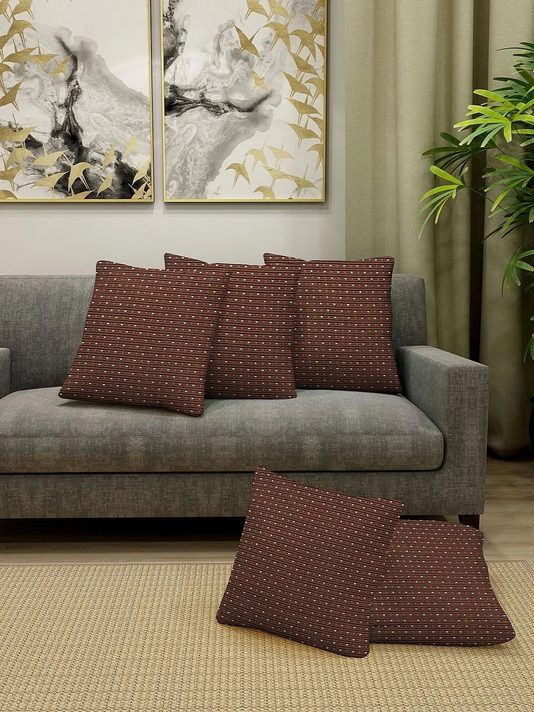 Myntra Elegant Homes Brown Set of 5 Striped Square Cushion Covers-image-15