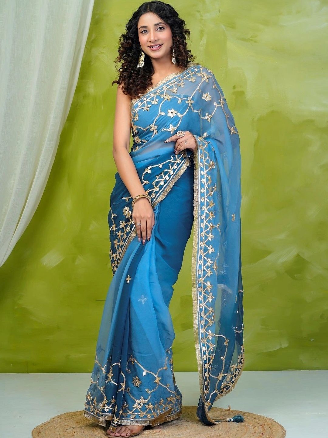 Geroo Luxe Blue Shaded Chiffon Saree with Gota Patti Jaal Work-image-26