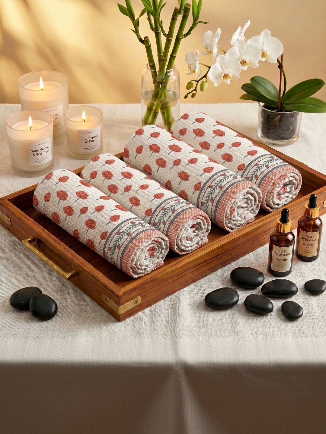MAFATLAL 4Pcs White & Red Ethnic Printed Pure Cotton 250-GSM Skin Friendly Hand Towels-image-24