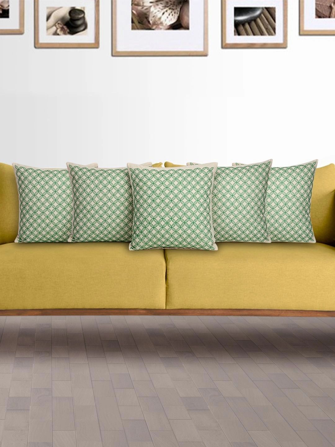 Myntra Elegant Homes Green Set of 5 Geometric Square Cushion Covers-image-14