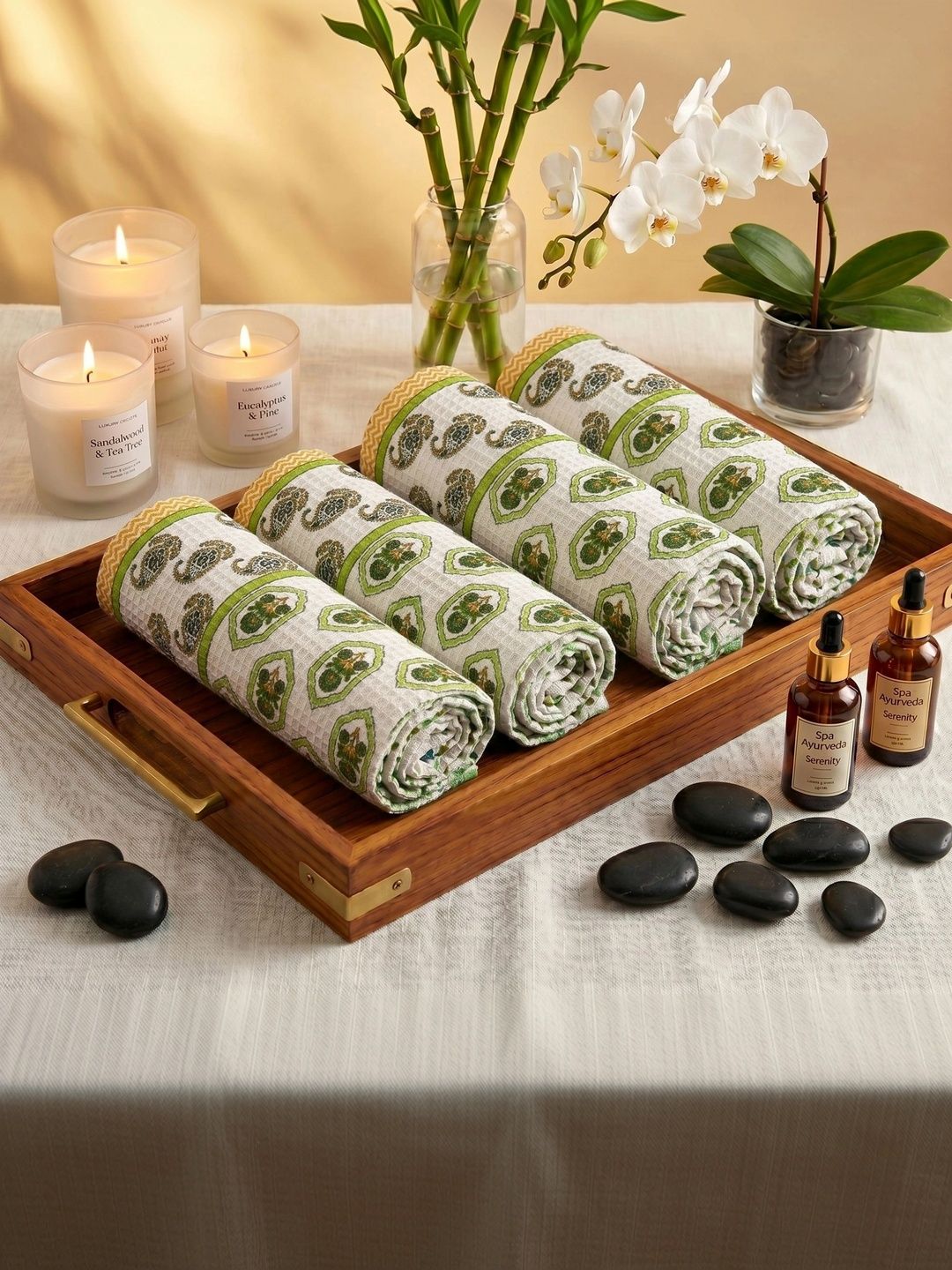 MAFATLAL 4Pcs White & Green Ethnic Printed Pure Cotton 250-GSM Skin Friendly Hand Towels-image-27