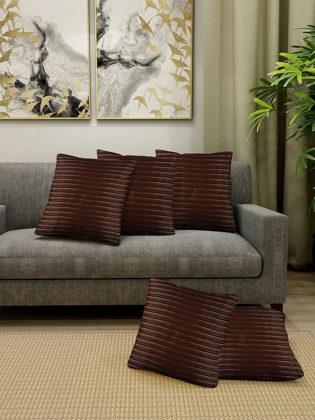 Myntra Elegant Homes Brown Set of 5 Striped Square Cushion Covers-picture-22