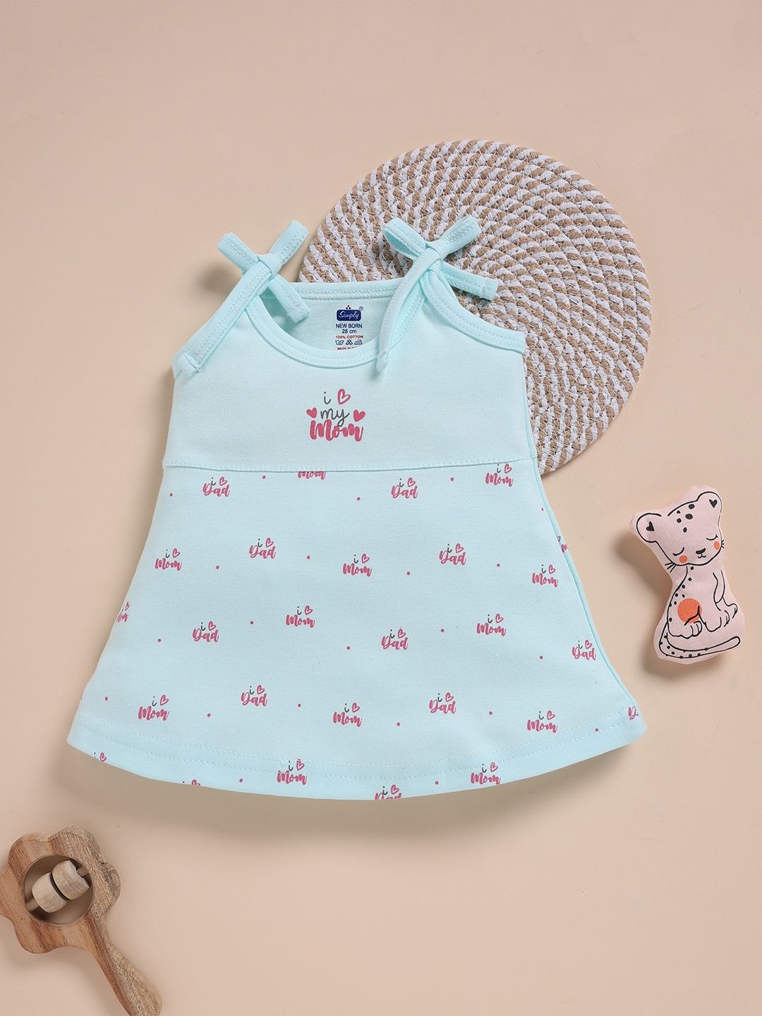 Simply Infant Girls Typography Printed Tie-Up Neck Pure Cotton A-Line Dress-image-46