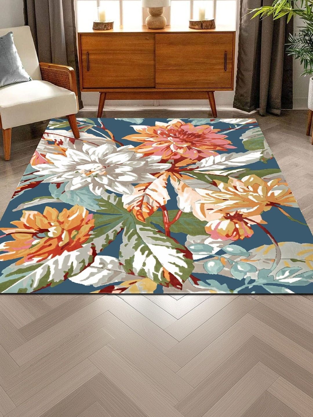 HOLLYWOOD STYLES Blue Floral Polyester Carpet-picture-26