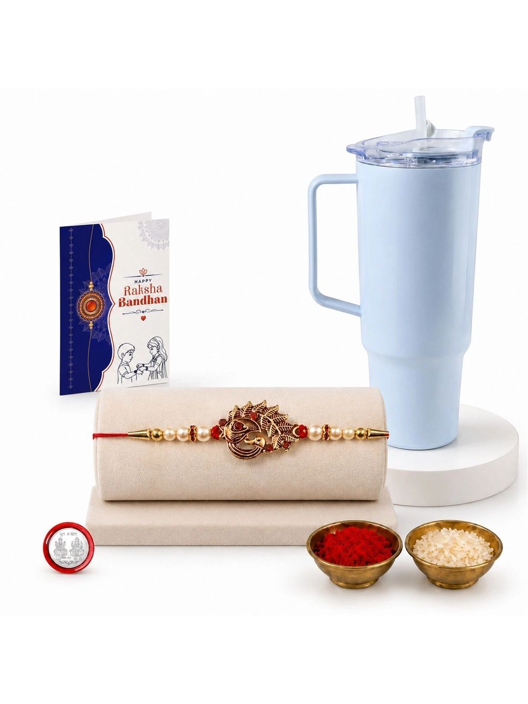 Effete Thread Rakhi With Roli Chawal Card Coin & Tumbler Gift Set-picture-52