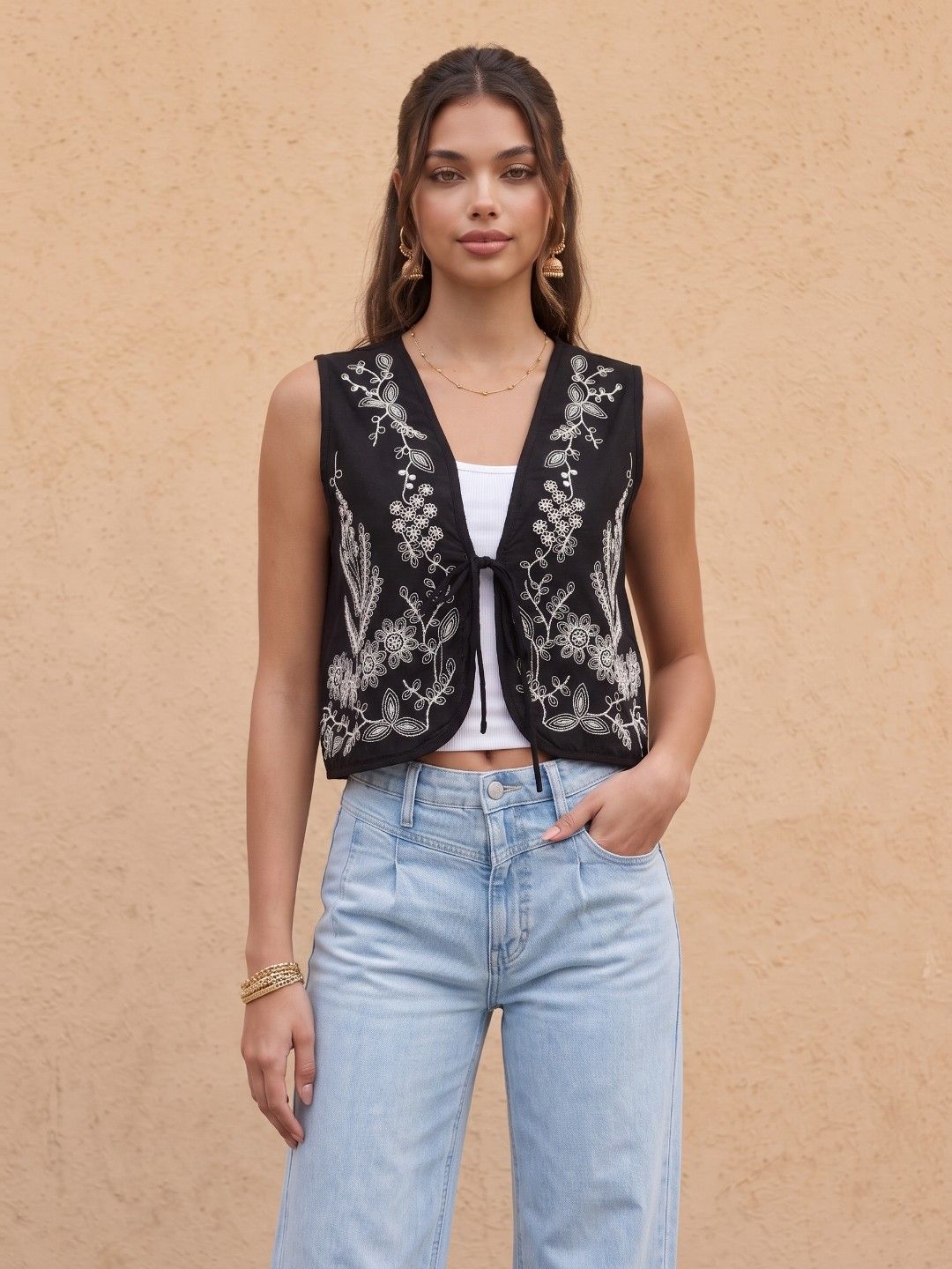 fusion by glitchez Floral Embroidered Cotton Linen Crop Top-picture-27