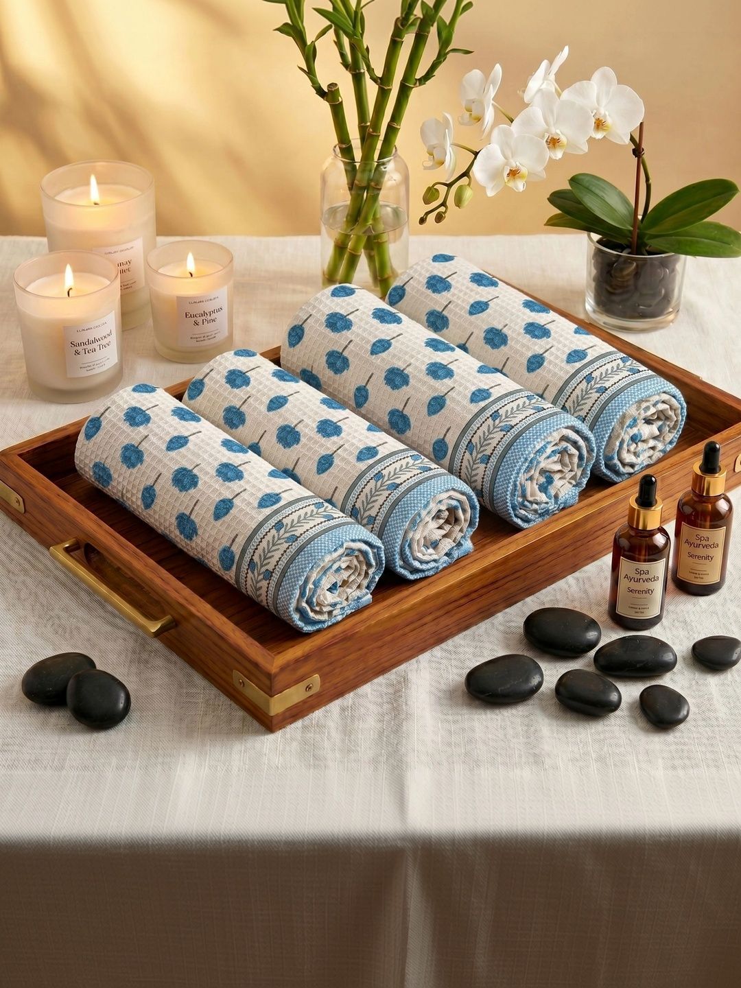 MAFATLAL 4Pcs White & Blue Ethnic Printed Pure Cotton 250-GSM Skin Friendly Hand Towels-image-43