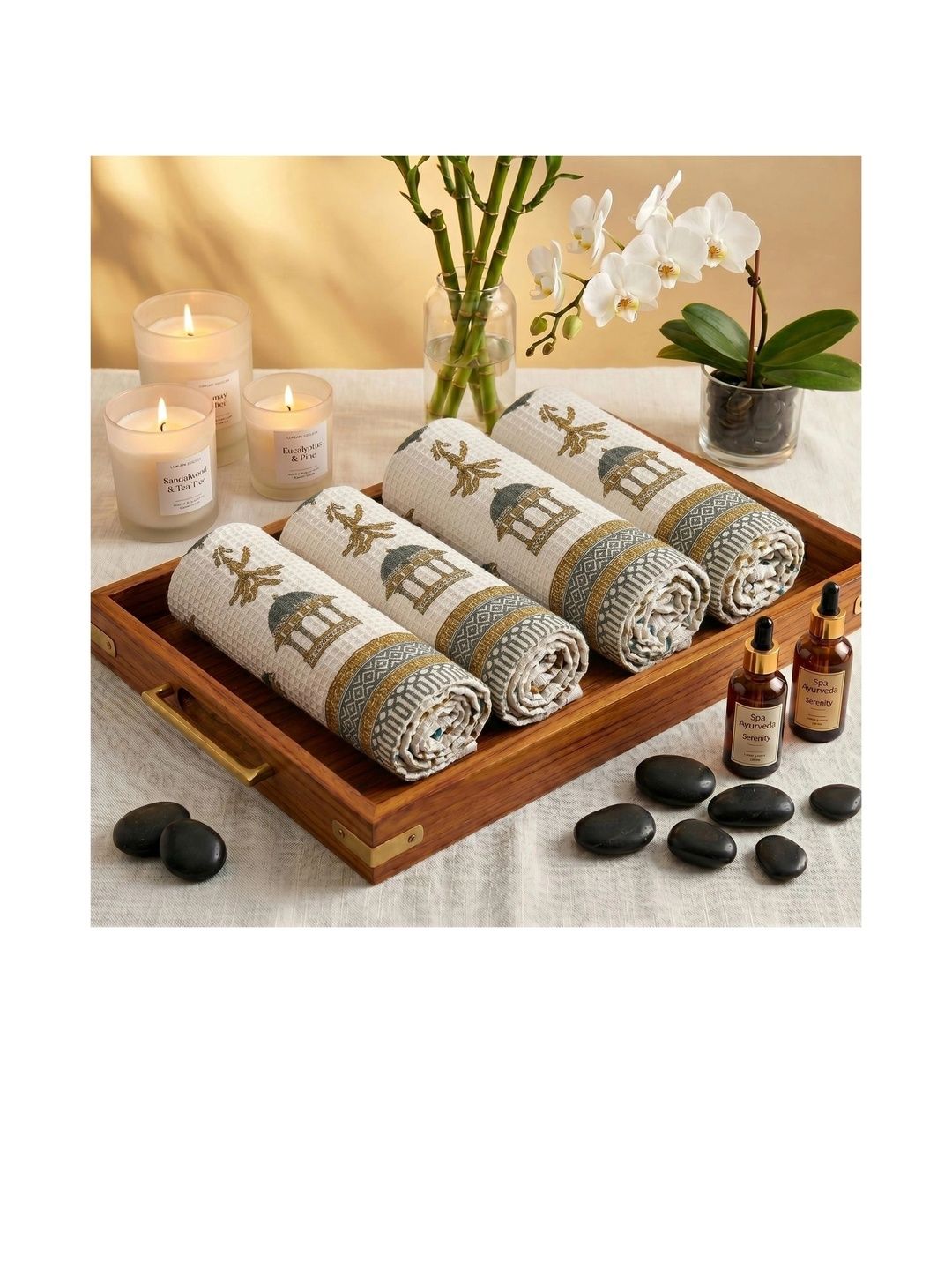 MAFATLAL 4Pcs White & Grey Ethnic Printed Pure Cotton 250-GSM Skin Friendly Hand Towels-image-31