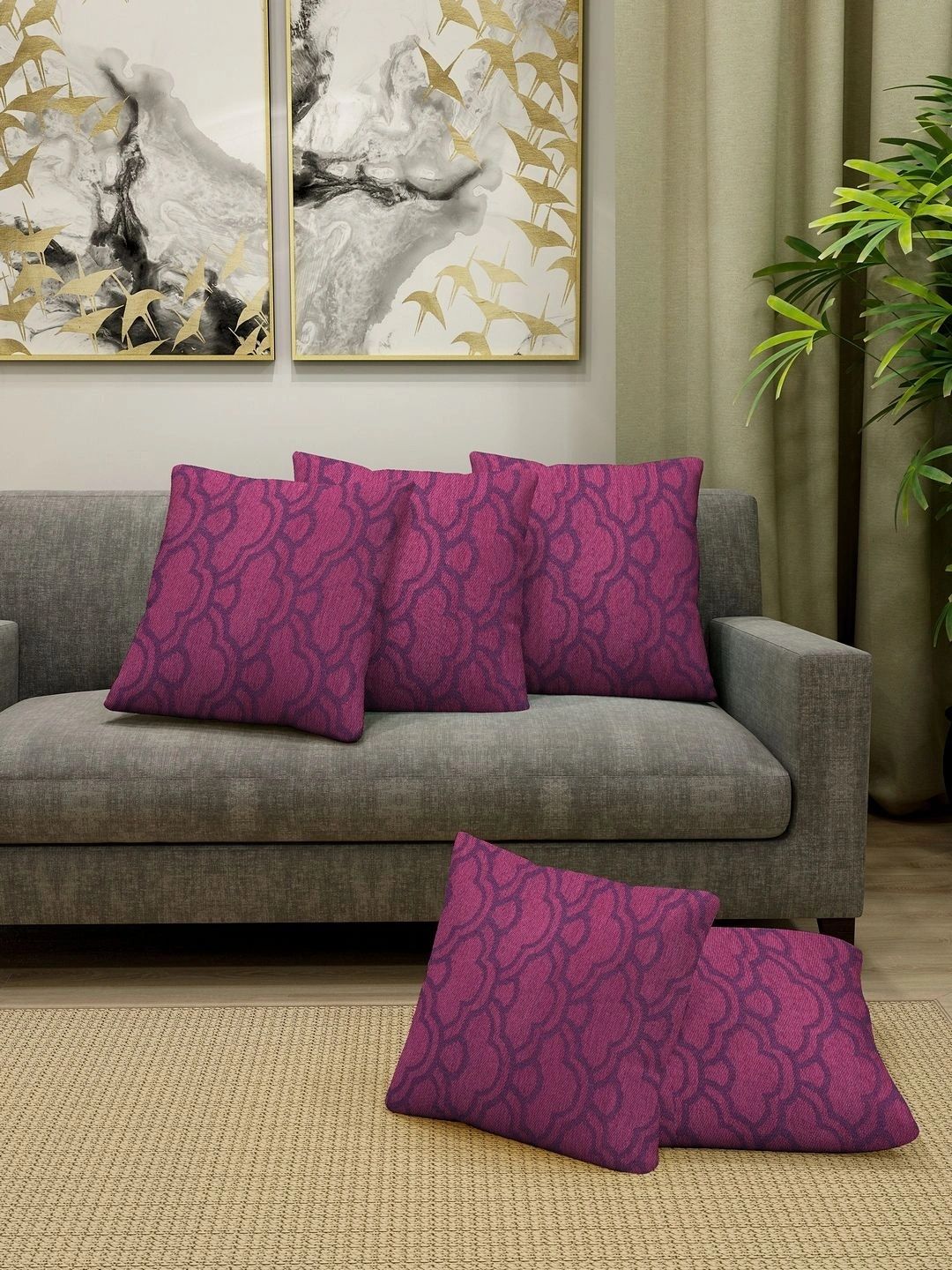 Myntra Elegant Homes Pink Set of 5 Geometric Square Cushion Covers-image-16