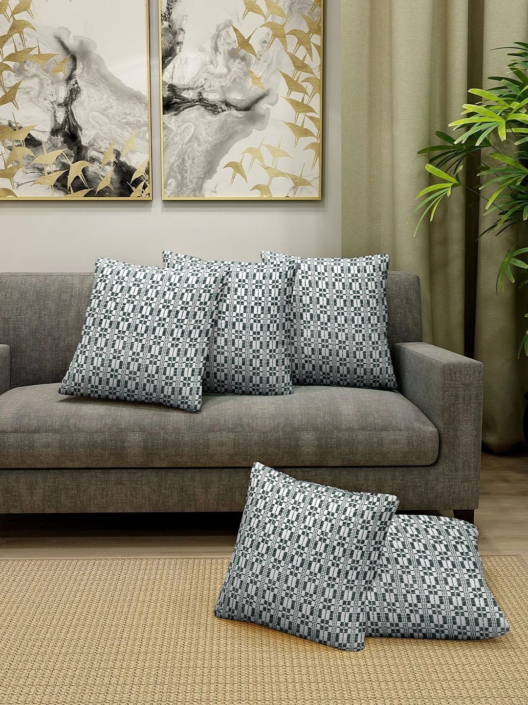 Myntra Elegant Homes Grey Set of 5 Checked Square Cushion Covers-picture-53