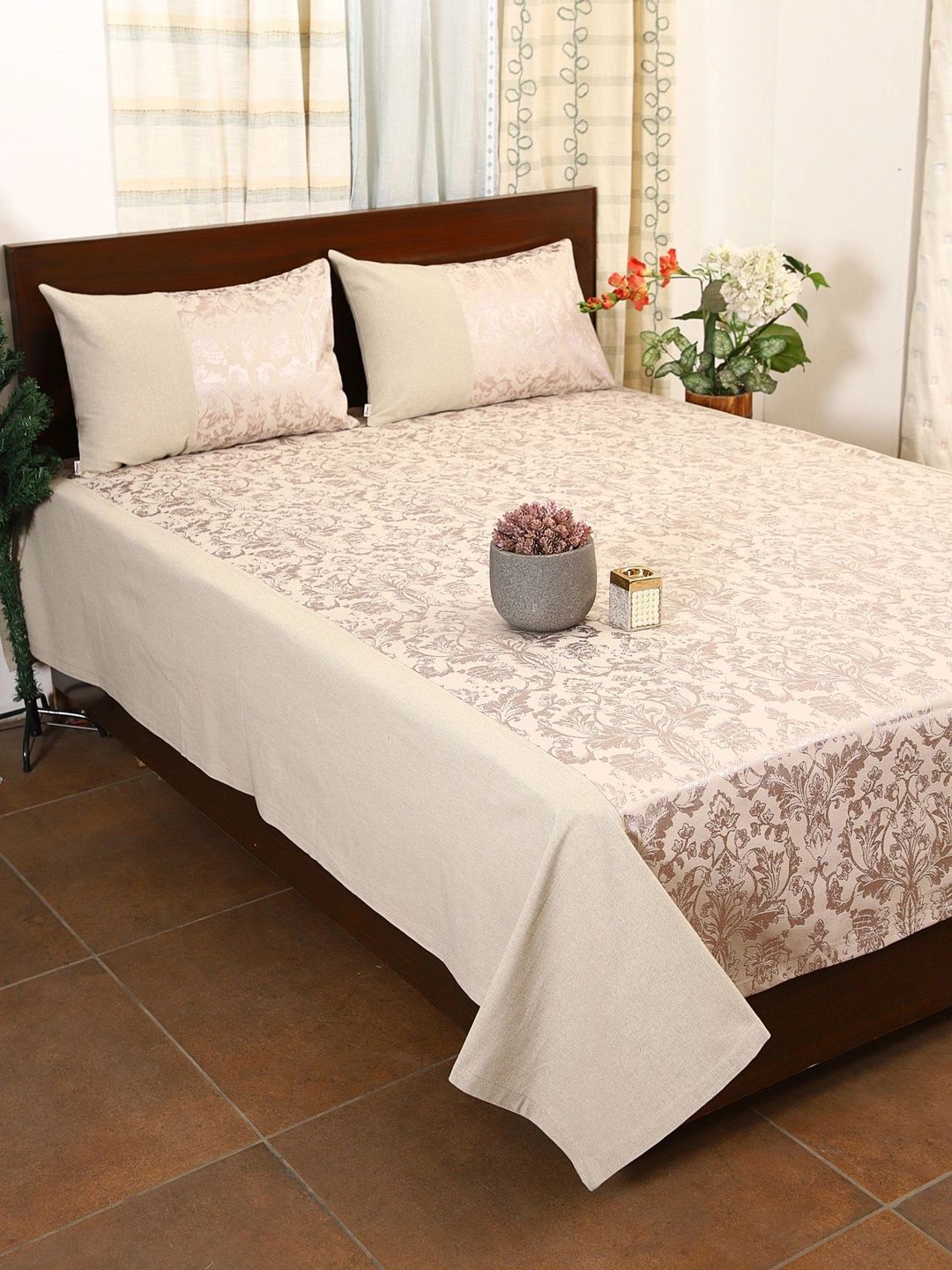 Home White & Beige Self Designed Double Bed - King Size Bed Covers With 2 Pillow Covers-image-20