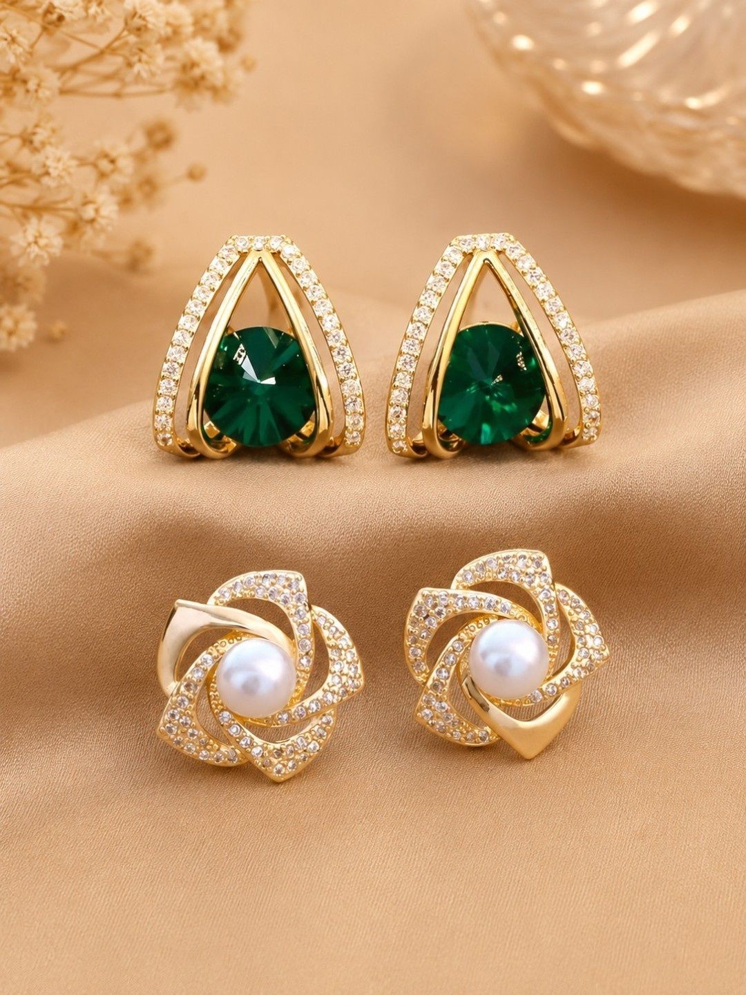 Tiso Pack of 2 Statement Studs Emerald & Pearl Stone Earrings for Girls and Women-picture-40